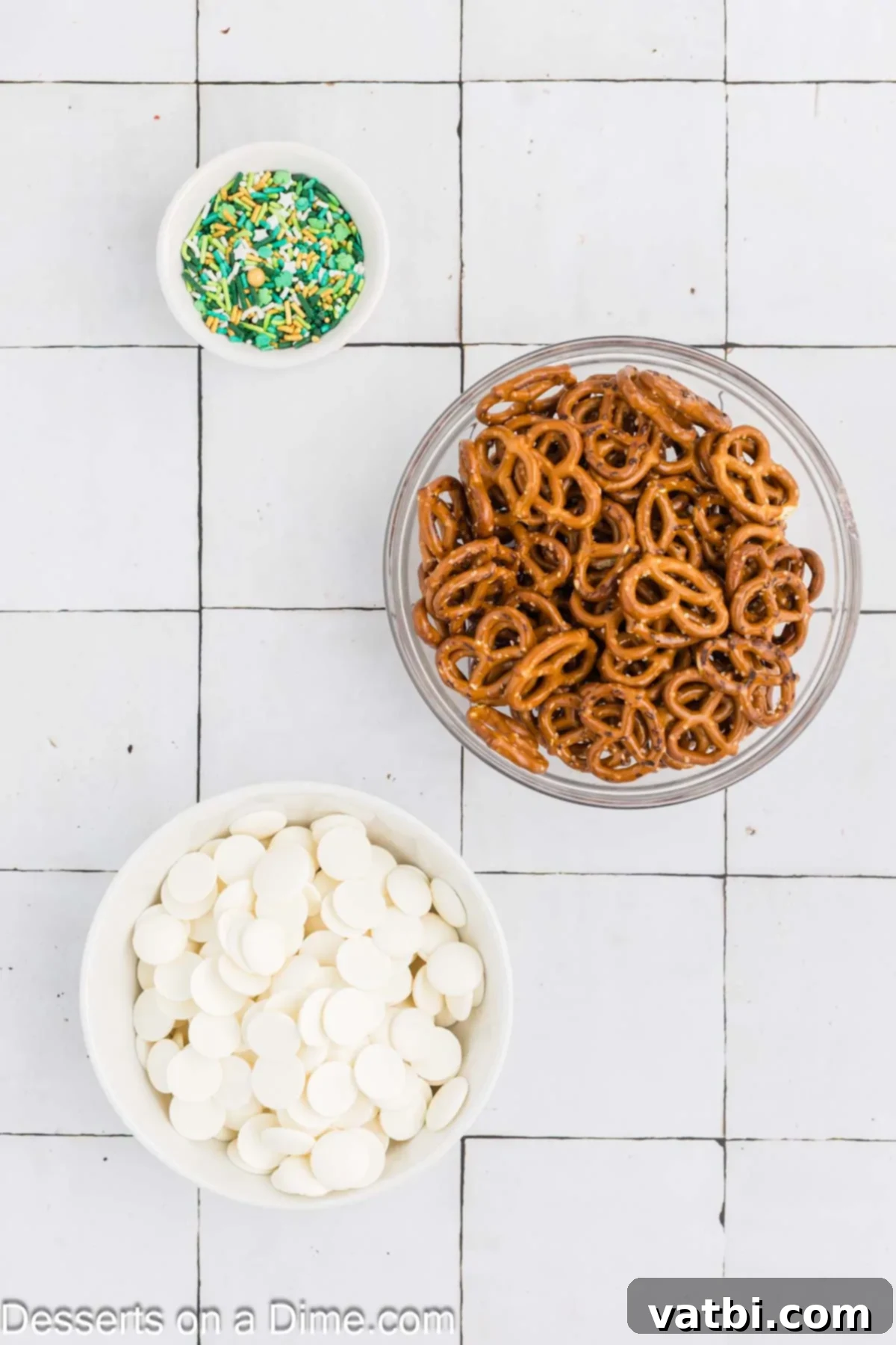 Ingredients for shamrock pretzels - pretzels, white candy melts, sprinkles. 