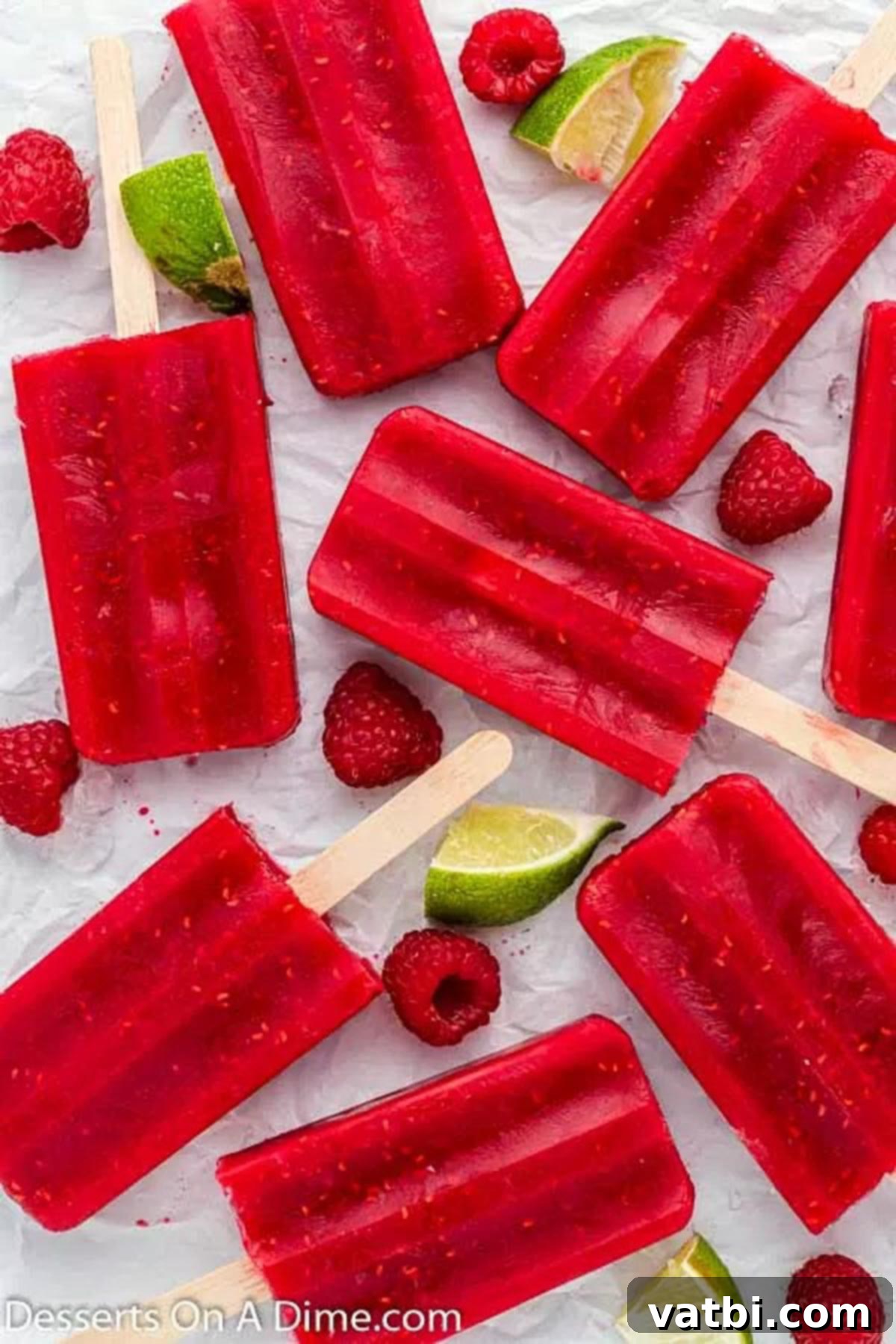 Homemade Raspberry Bliss Pops 2 Fresh raspberry popsicles arranged on ice, glistening in the light.