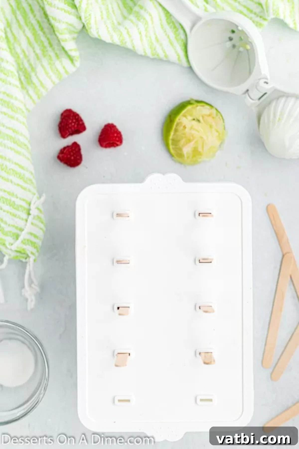 Homemade Raspberry Bliss Pops 6 Popsicle sticks inserted into raspberry molds before freezing.