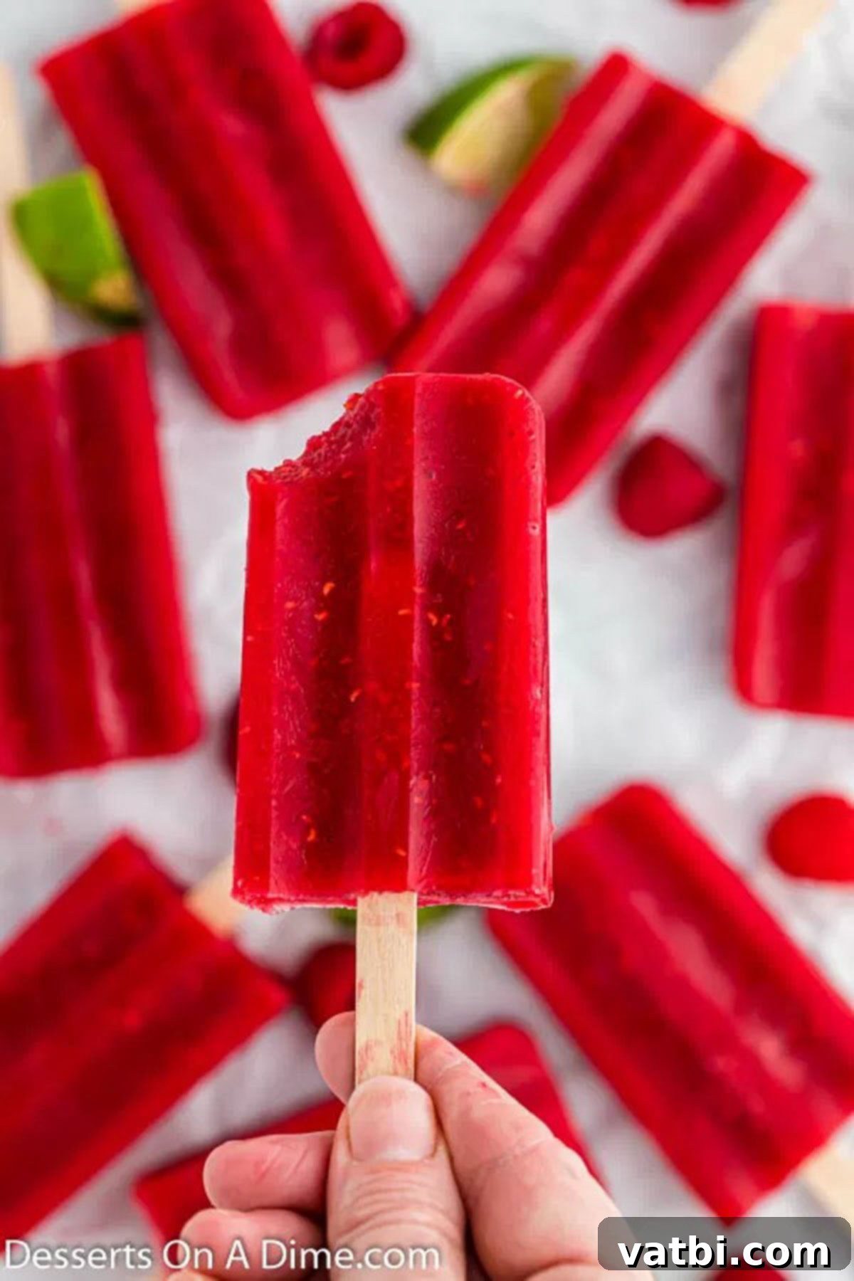 Homemade Raspberry Bliss Pops 7 Close up of raspberry popsicles on ice.