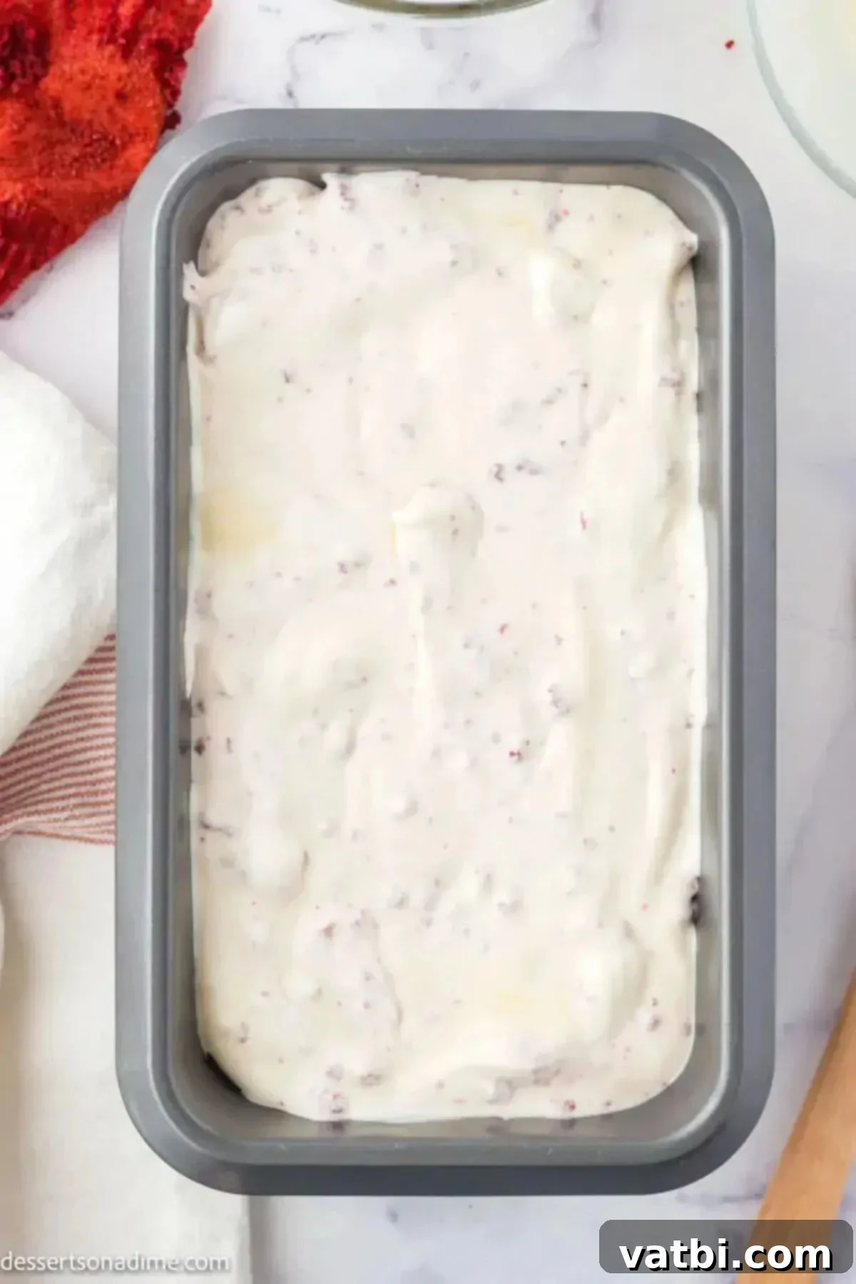 Red Velvet Ice Cream 6 Mixture in loaf pan.