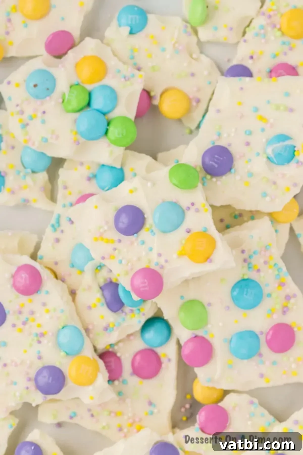 Delightful White Chocolate Easter Bark 2 Close up image of Easter White Chocolate Bark with spring color candy and sprinkles.