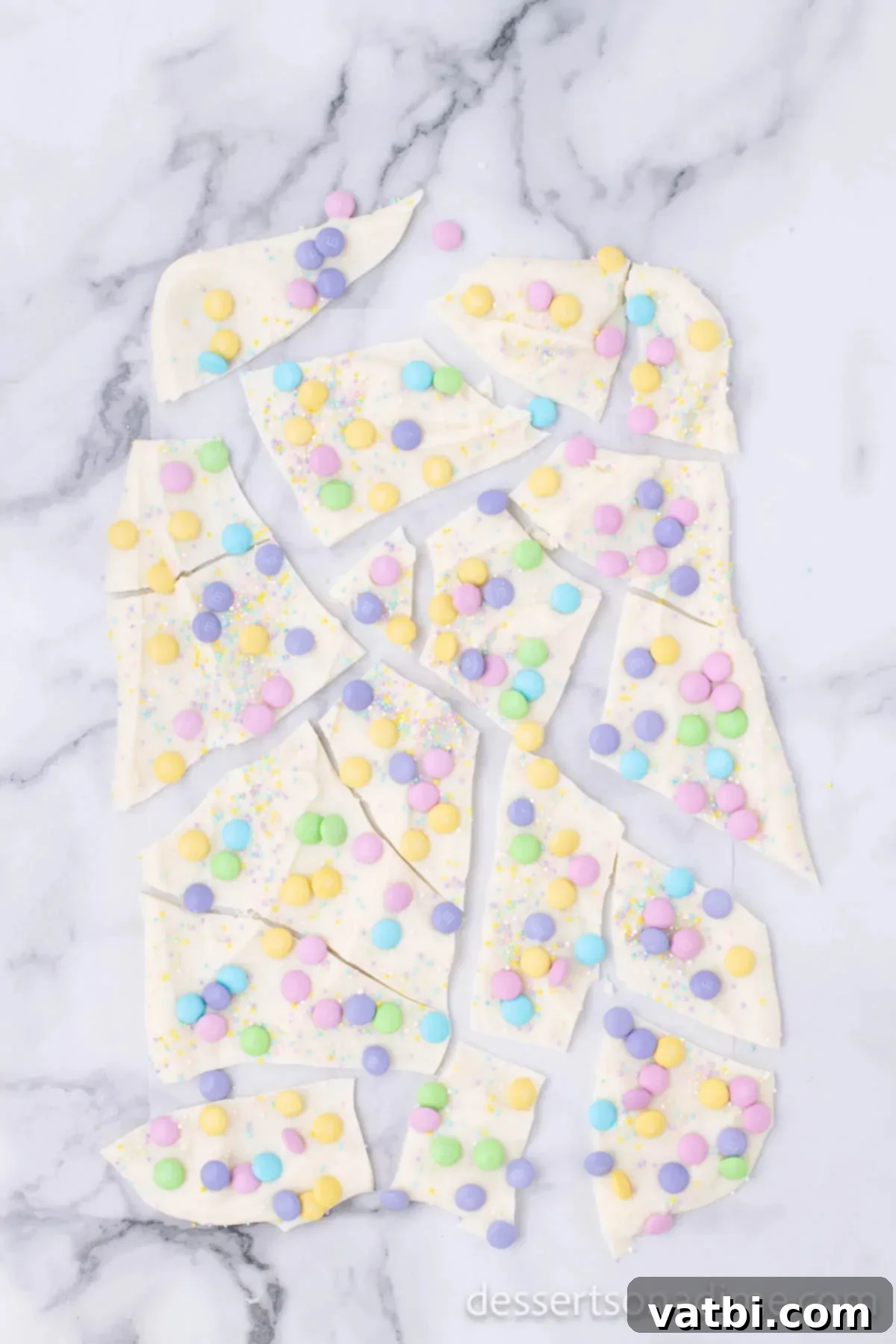 Delightful White Chocolate Easter Bark 7 Bark broken into pieces and ready to serve.
