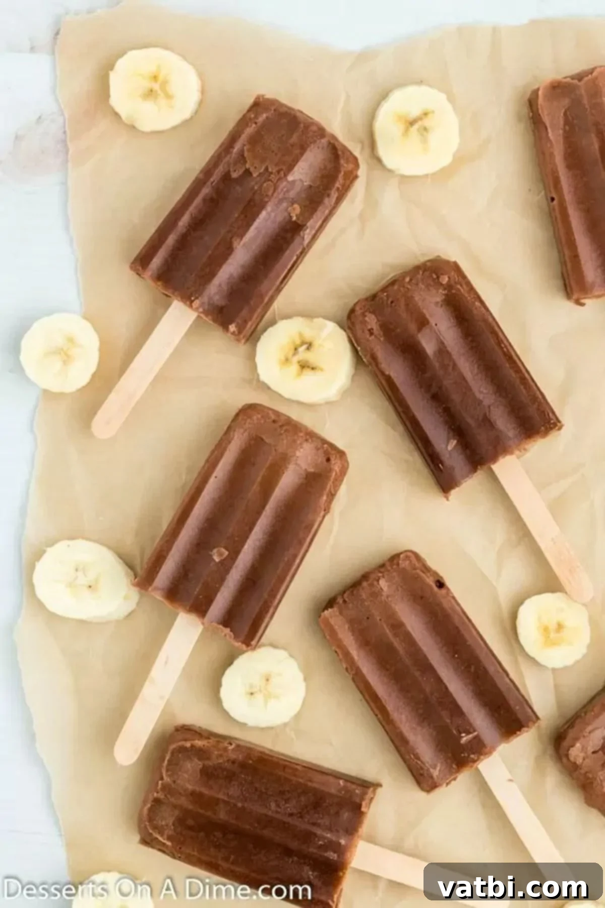 Ultimate Chocolate Banana Pops 2 Homemade chocolate banana popsicles arranged artfully on wax paper, ready to be enjoyed.