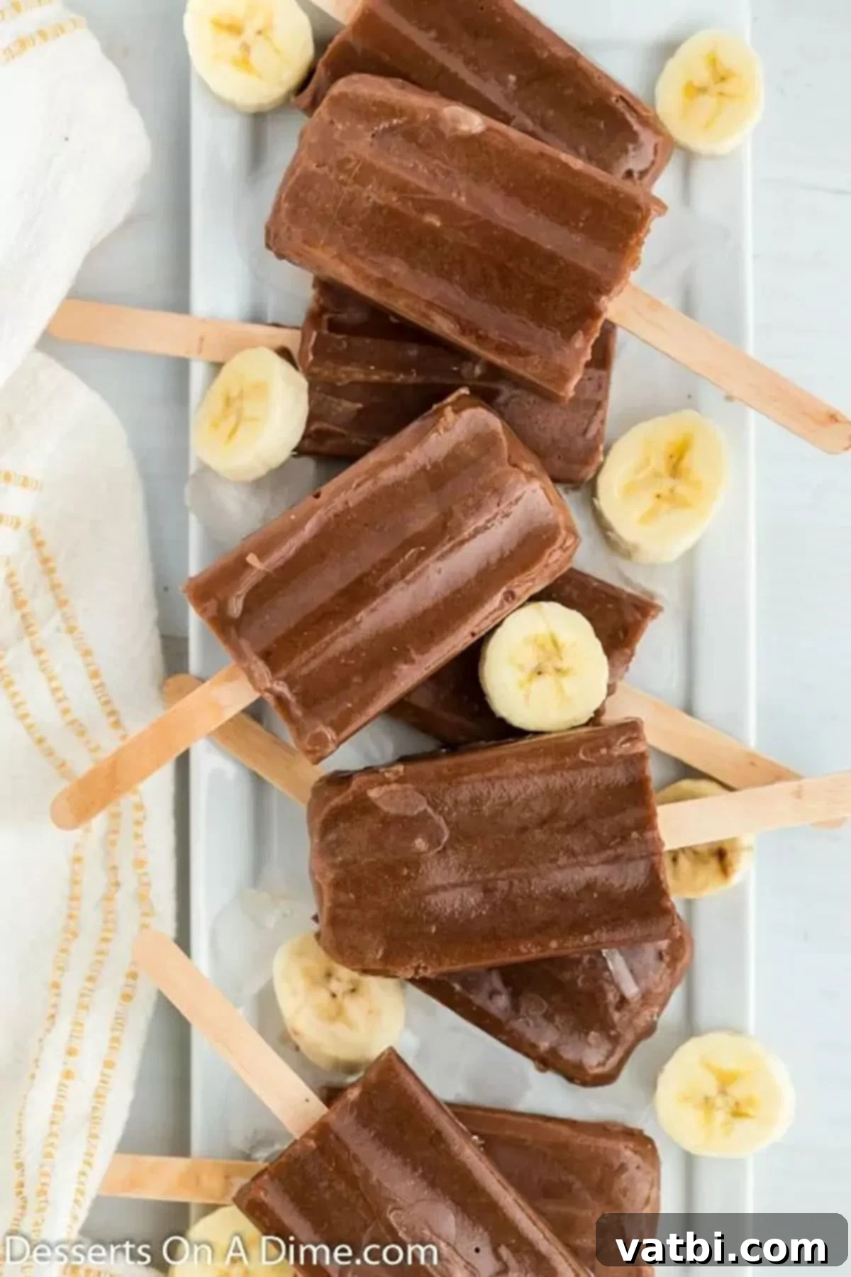 Ultimate Chocolate Banana Pops 8 A stack of delicious chocolate banana popsicles, showcasing their creamy texture.