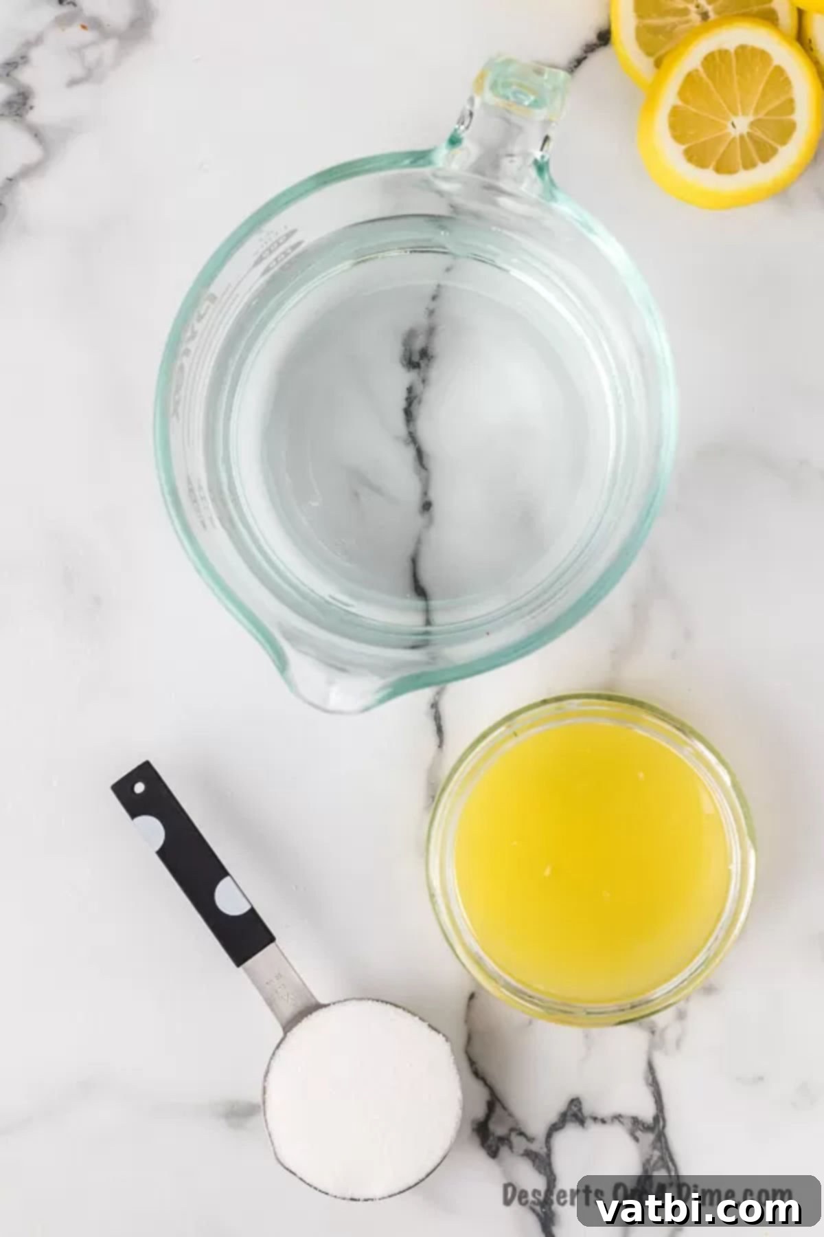 Ingredients for recipe: water, sugar, lemon juice 