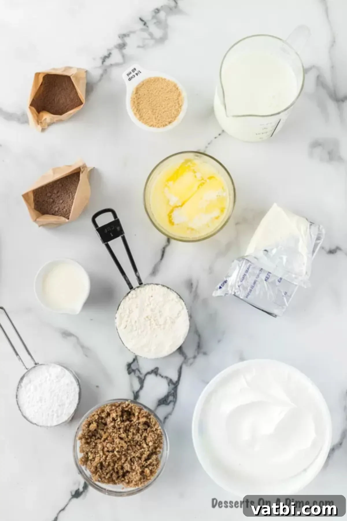 Ingredients for possum pie - flour, butter, brown sugar, pecans, cream cheese, confectioners' sugar, heavy cream, chocolate pudding, chocolate fudge pudding, milk, whipped topping, chopped pecans, chocolate shavings. 