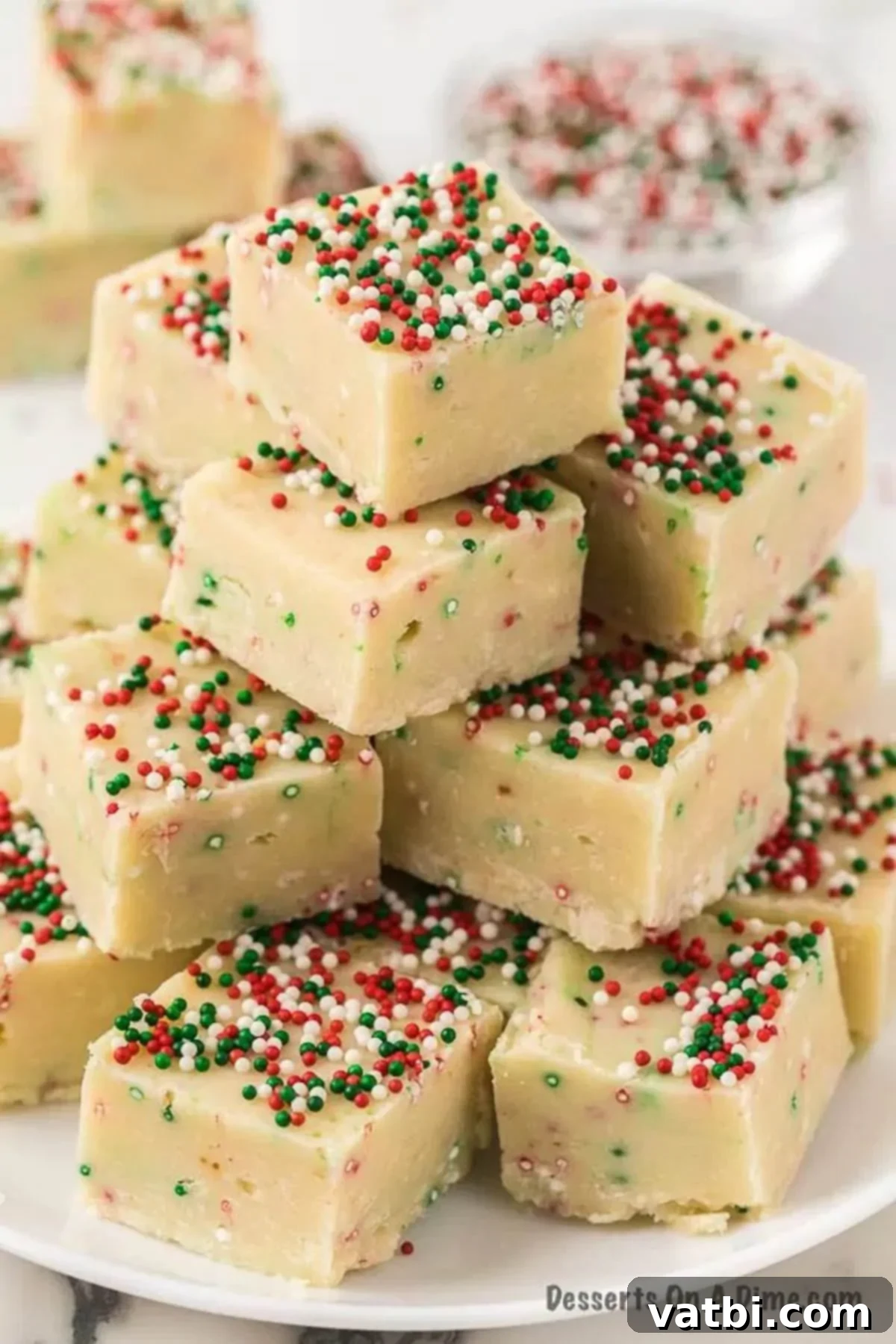 Ultimate Sugar Cookie Fudge 10 Close-up of freshly cut sugar cookie fudge squares, beautifully arranged and topped with bright sprinkles.