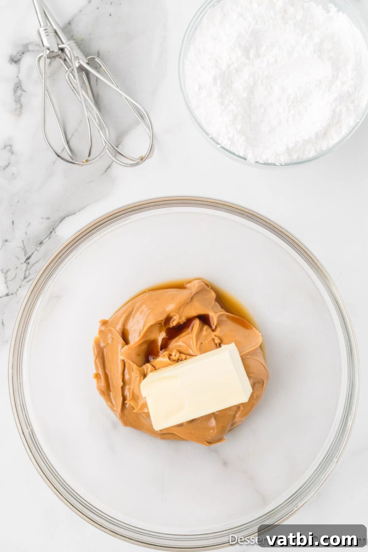Peanut Butter Crisp Bites 4 Mixing bowl with peanut butter and butter.
