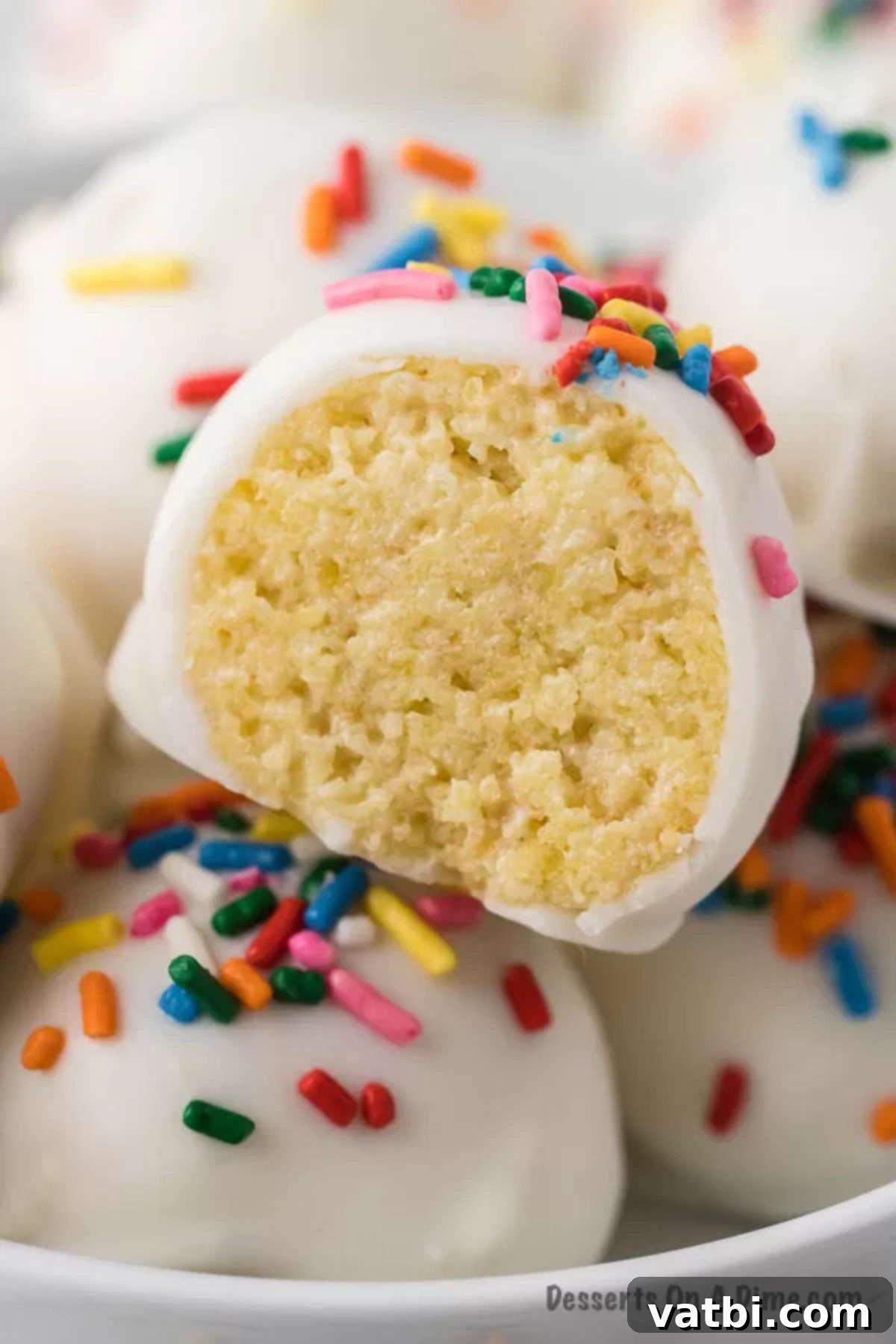 Homemade Vanilla Cake Delights 11 Close-up of perfectly coated vanilla cake balls in a pristine white bowl, adorned with colorful sprinkles.
