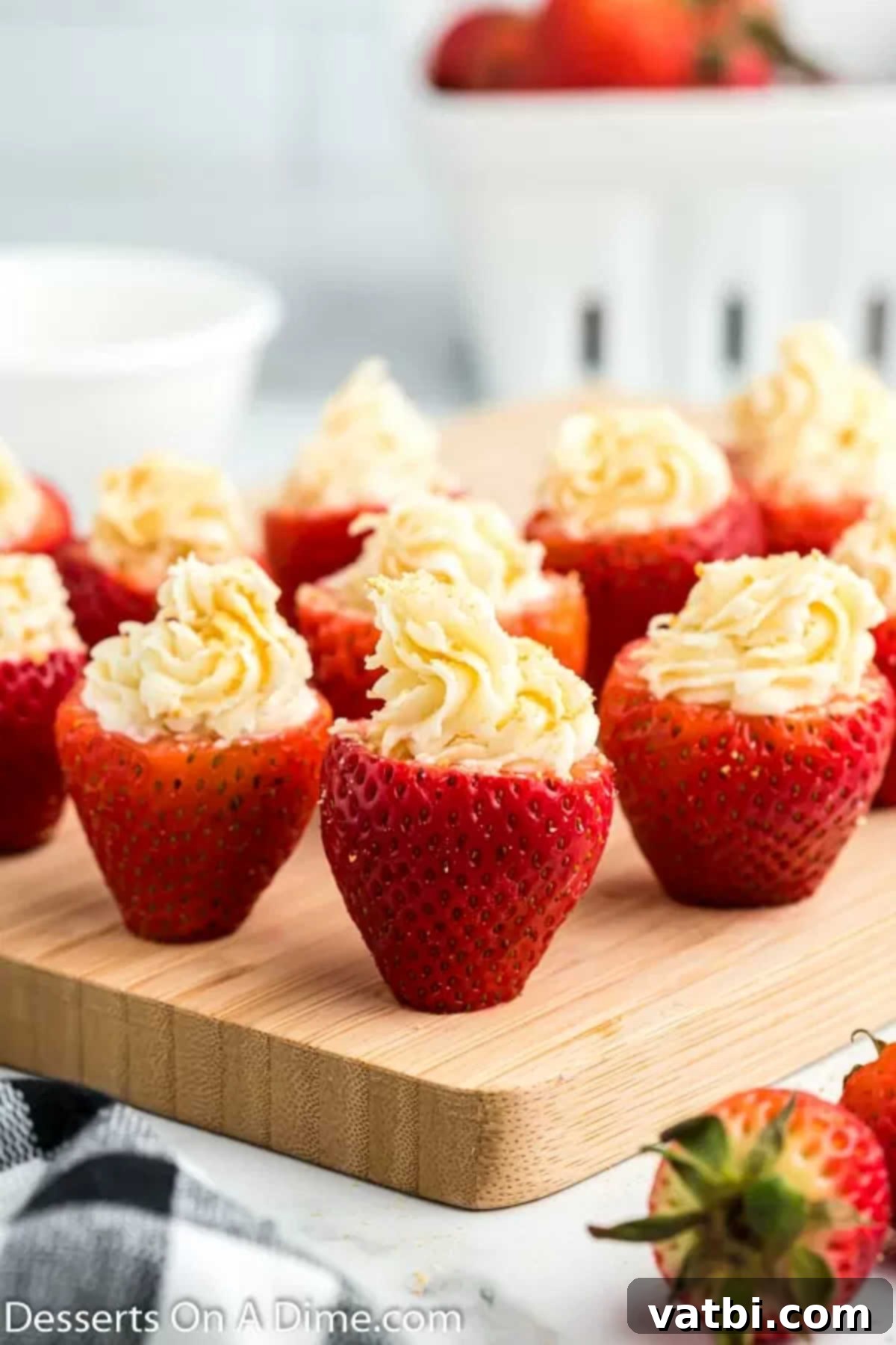 Decadent Cheesecake Filled Strawberries 2 Close up of cheesecake stuffed strawberries, showing the creamy filling and graham cracker crumbs.