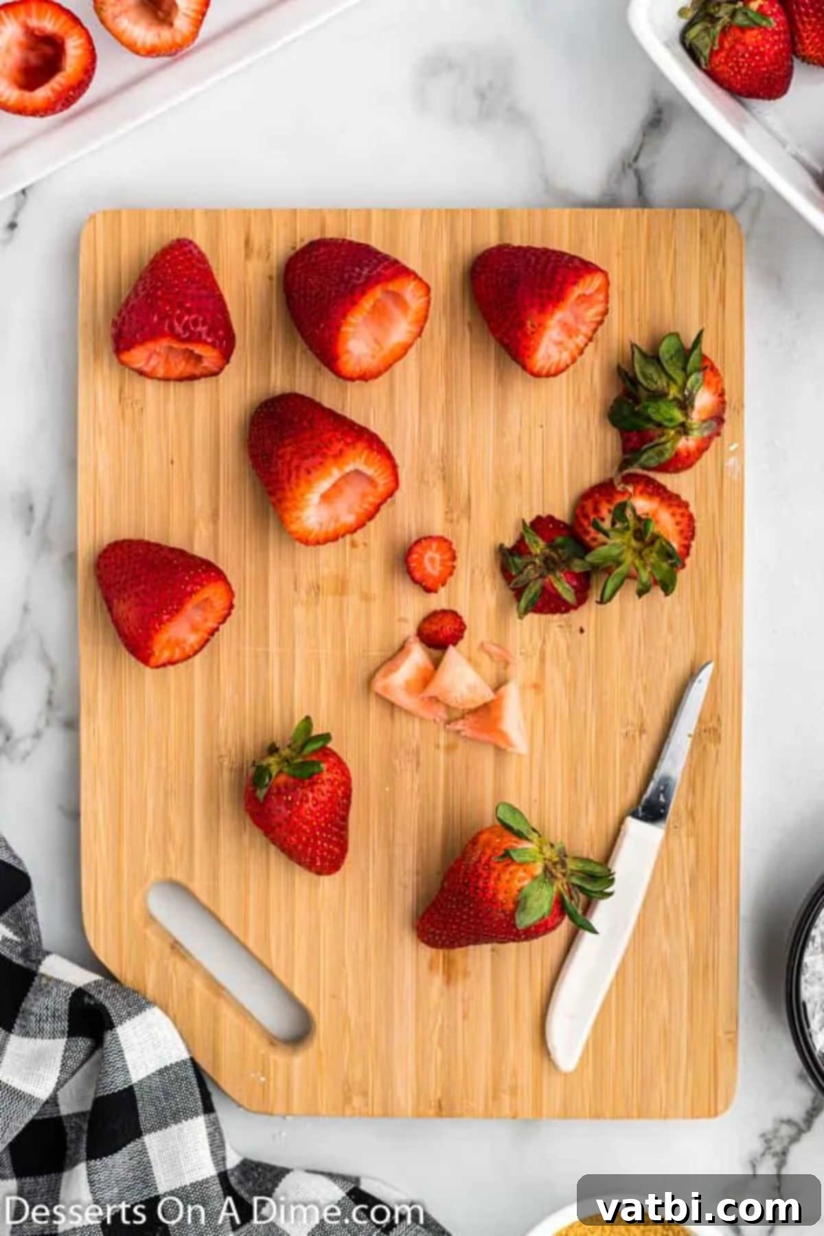 Decadent Cheesecake Filled Strawberries 4 Strawberries being cleaned, hulled, and prepared for stuffing.