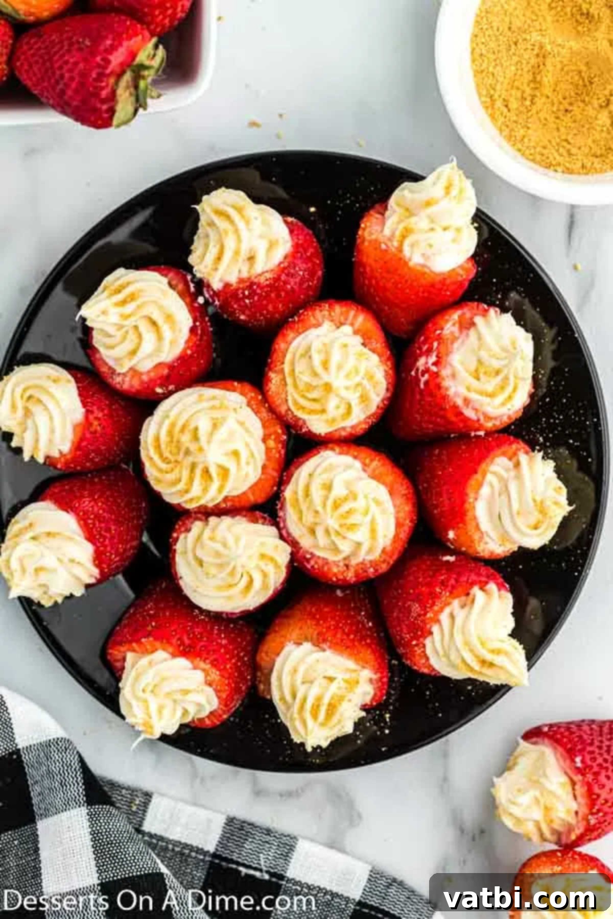 Decadent Cheesecake Filled Strawberries 8 Close up of cheesecake stuffed strawberries, showing the creamy filling and graham cracker crumbs, ready to be eaten.