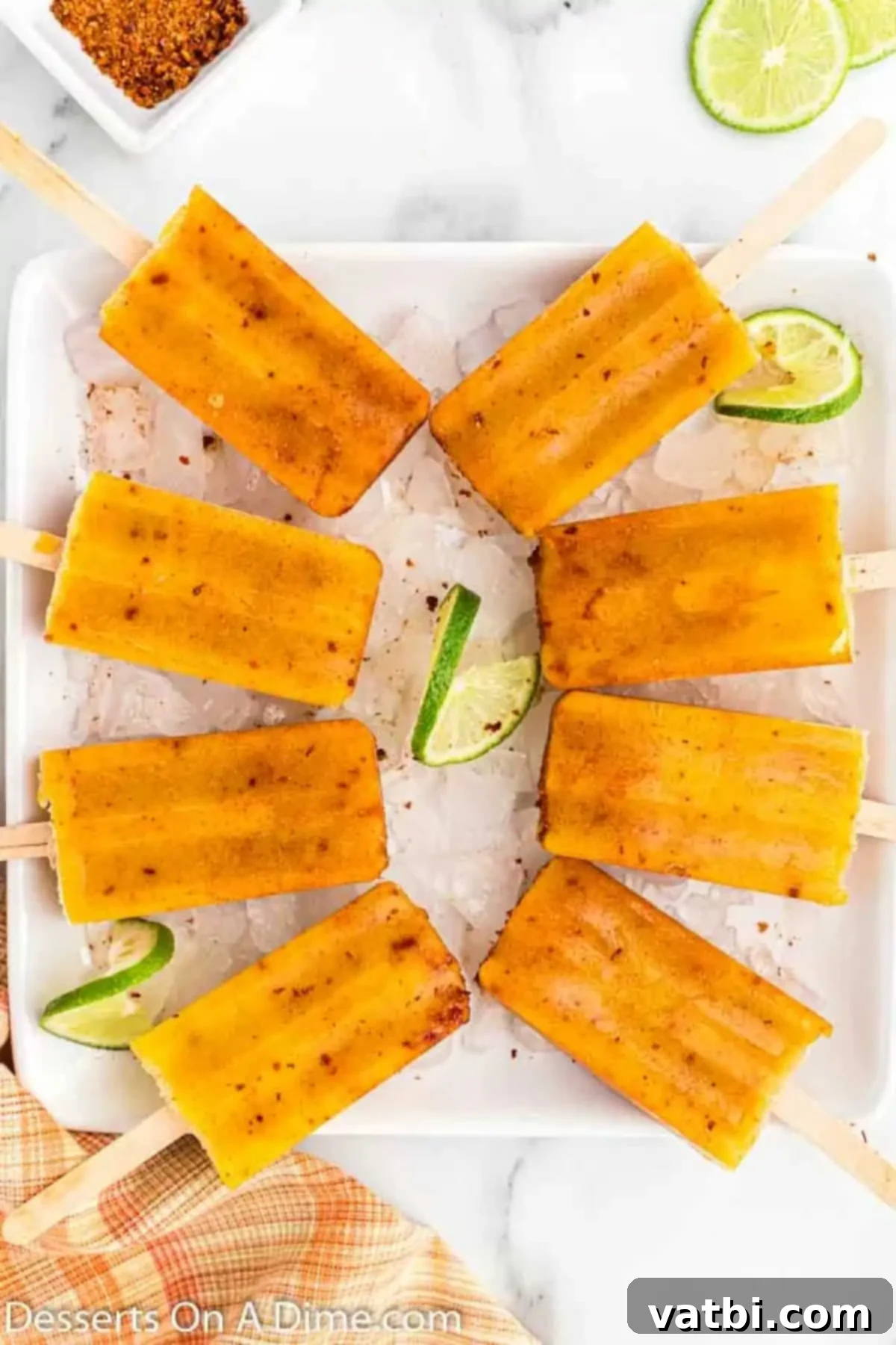 Zesty Mango Tajin Popsicles 2 A vibrant yellow mango tajin popsicle resting on a bed of ice, ready to be enjoyed.
