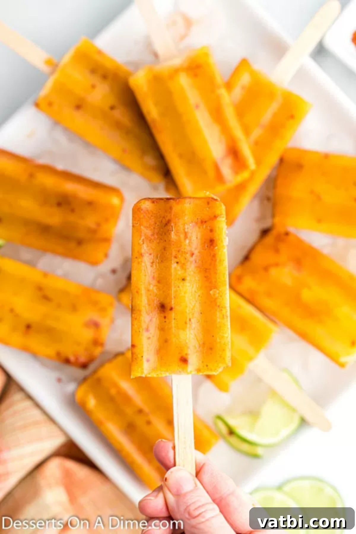Zesty Mango Tajin Popsicles 11 A close-up shot of a perfectly frozen Mango Tajin Popsicle, highlighting its vibrant color and speckled Tajin coating.