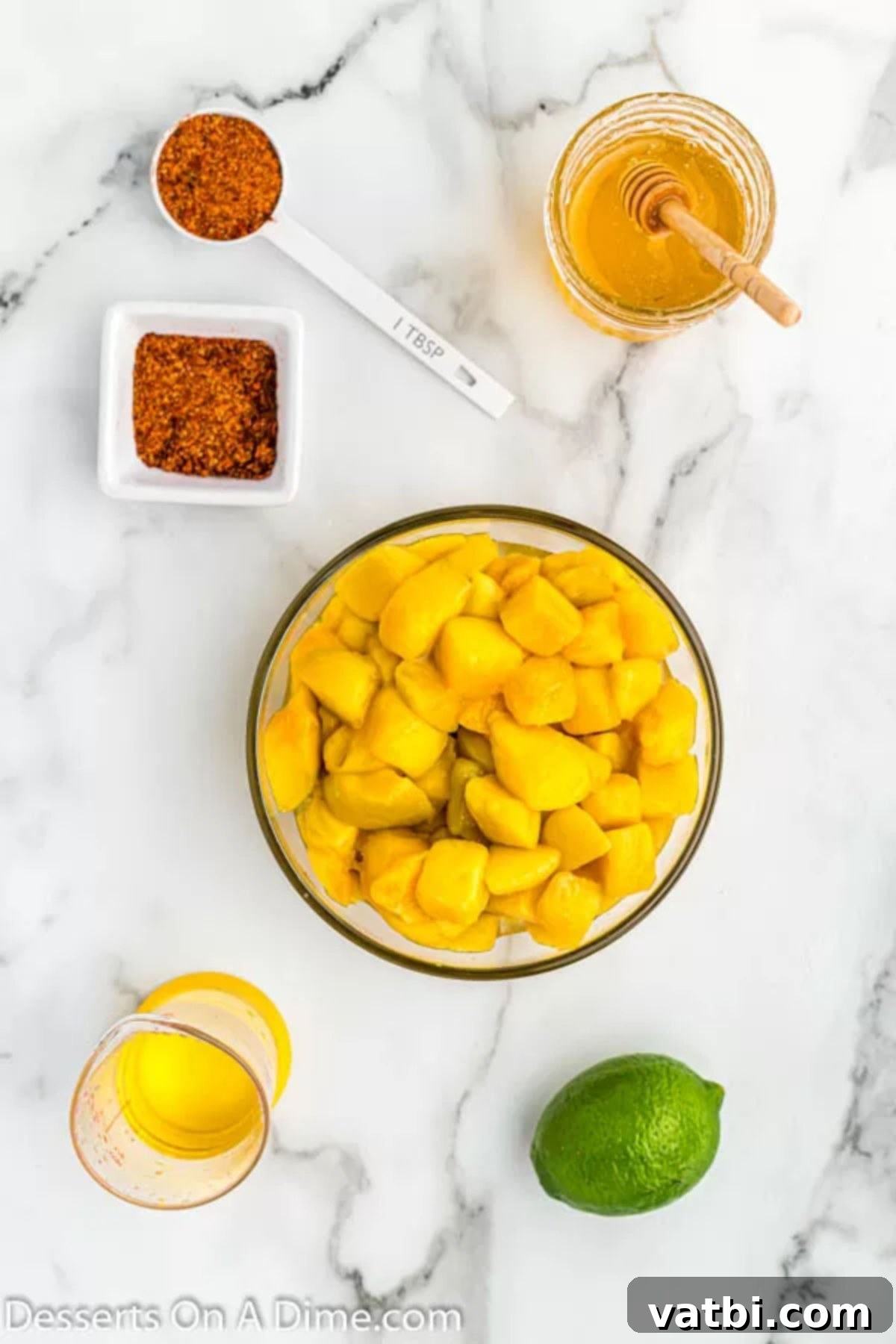 Zesty Mango Tajin Popsicles 4 A close-up of the key ingredients for Mango Tajin Popsicles: fresh mango, a pot of honey, whole limes, and a bottle of Tajin seasoning.