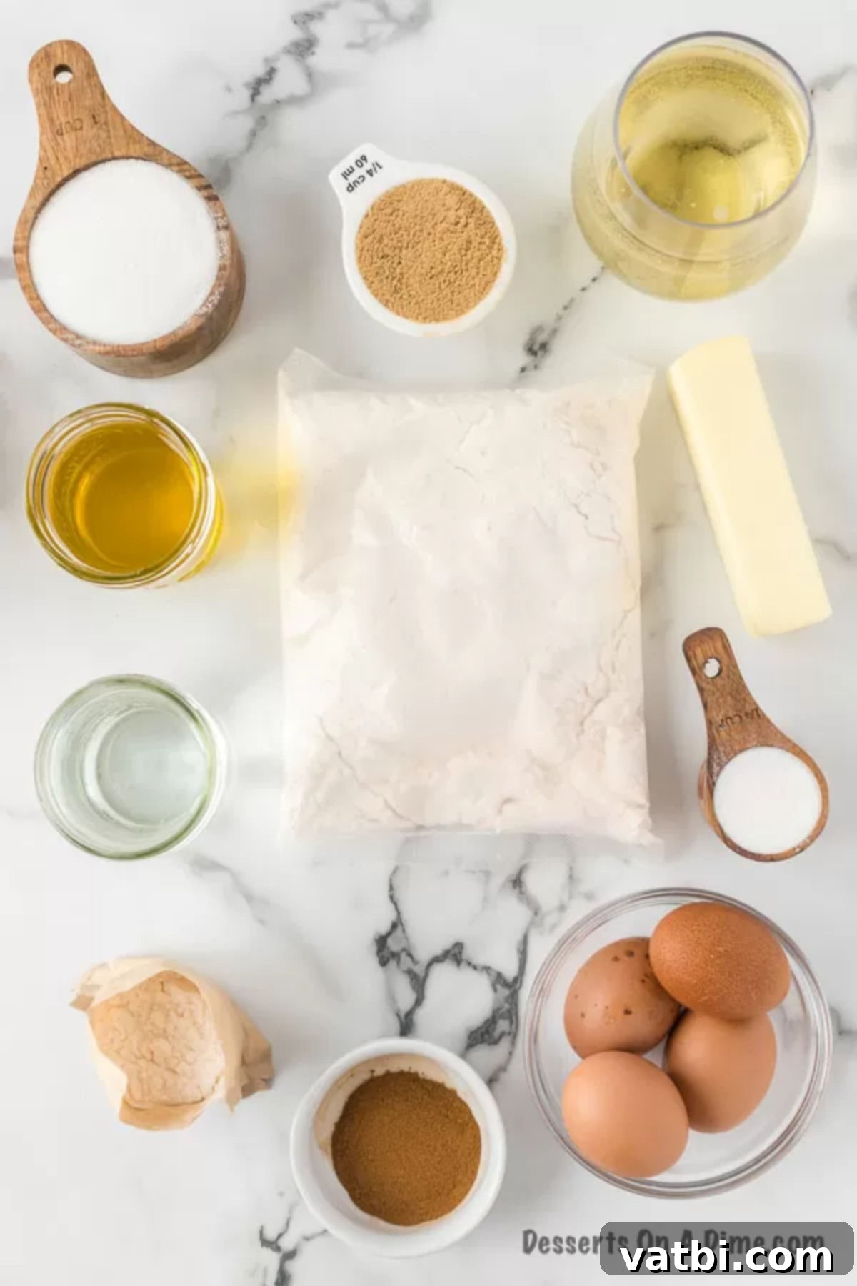 Deliciously Addictive Cake 3 All the essential ingredients for Crack Cake laid out: yellow cake mix, vanilla pudding, brown sugar, granulated sugar, cinnamon, eggs, water, vegetable oil, white wine, and butter.