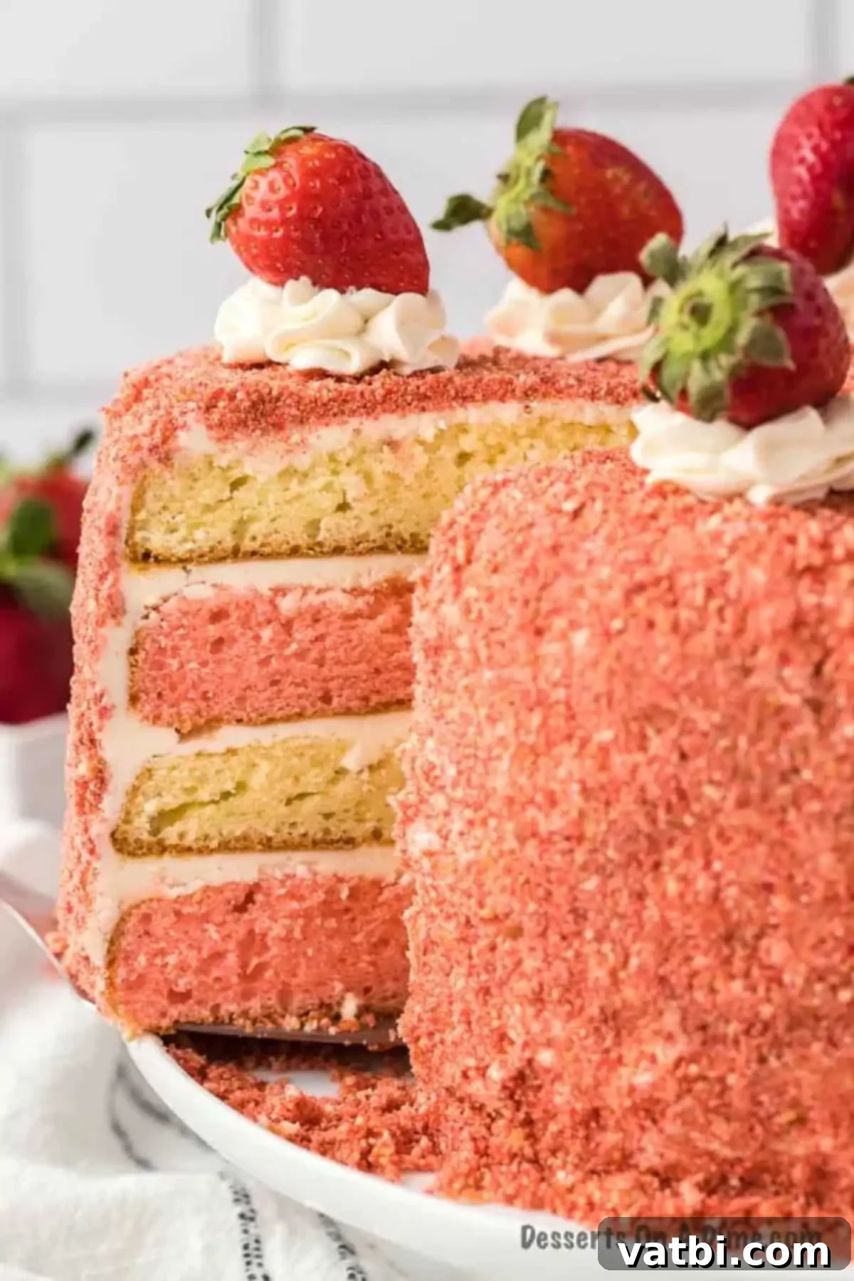 A close up image of strawberry crunch cake with fresh strawberries on top. 