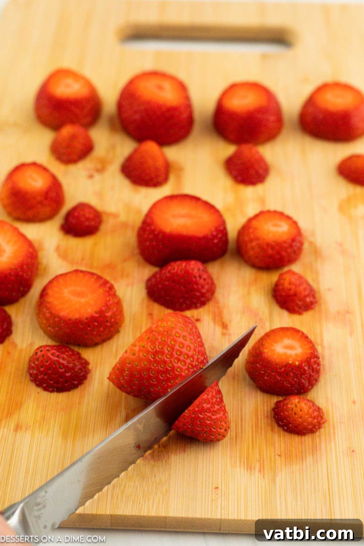 Strawberries on cutting board with tops cut off. 