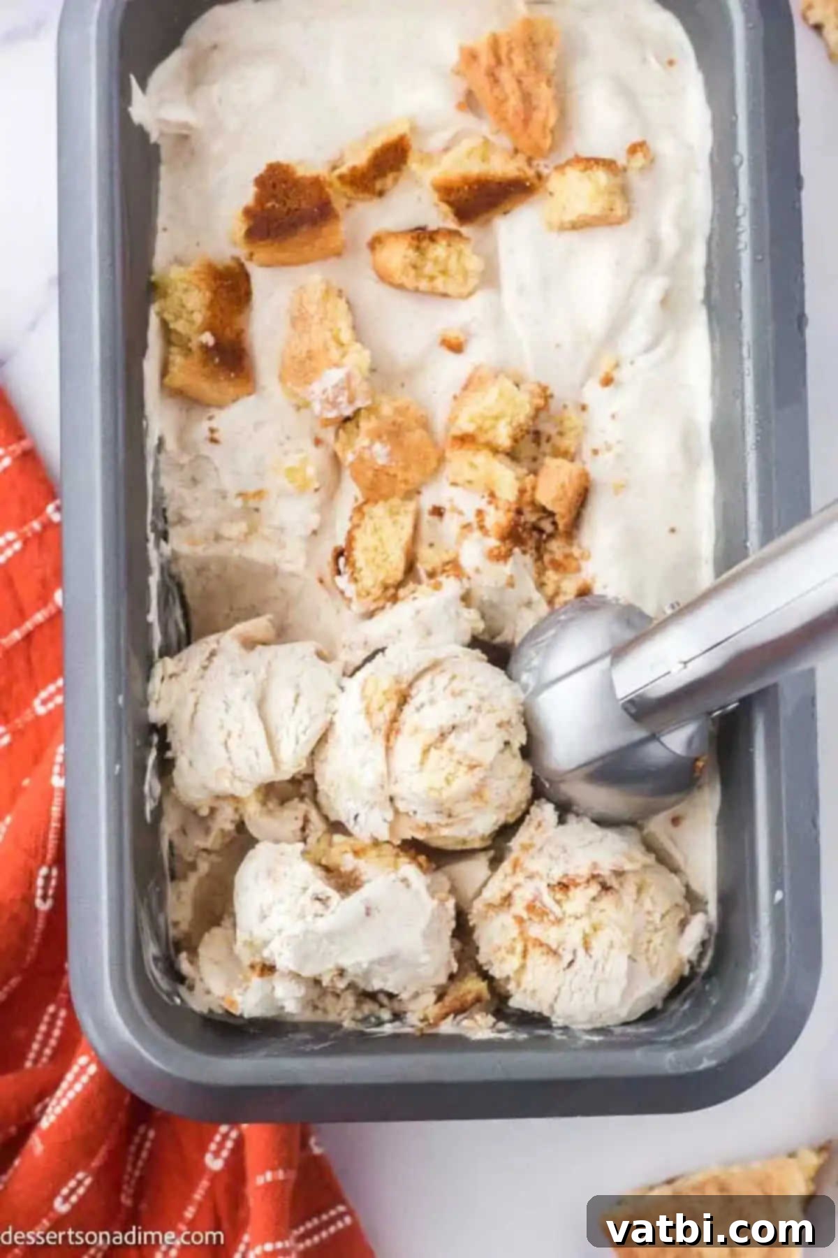 Snickerdoodle Cinnamon Swirl Ice Cream 8 A loaf pan filled with Snickerdoodle ice cream, covered and ready for storage in the freezer.