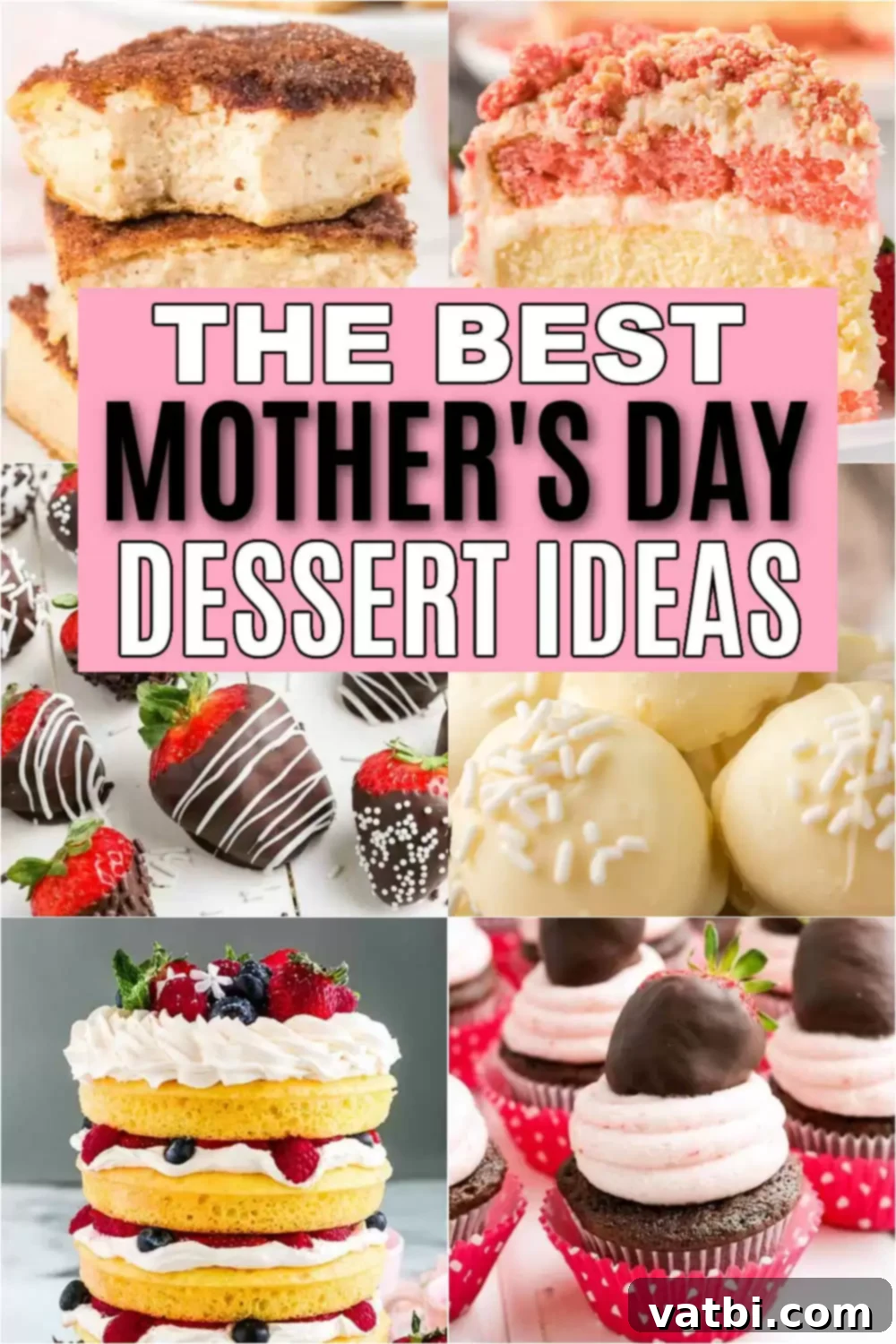 A beautiful spread of various Mother's Day dessert ideas, including chocolate-covered strawberries, cakes, and cookies, all easy to prepare and delicious for Mom.