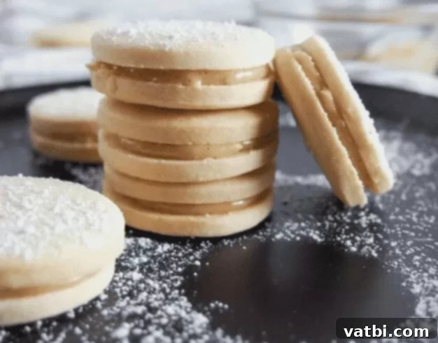 Sweet and Simple Mexican Delights 8 Delicate Dulce De Leche Sandwich Cookies dusted with powdered sugar.