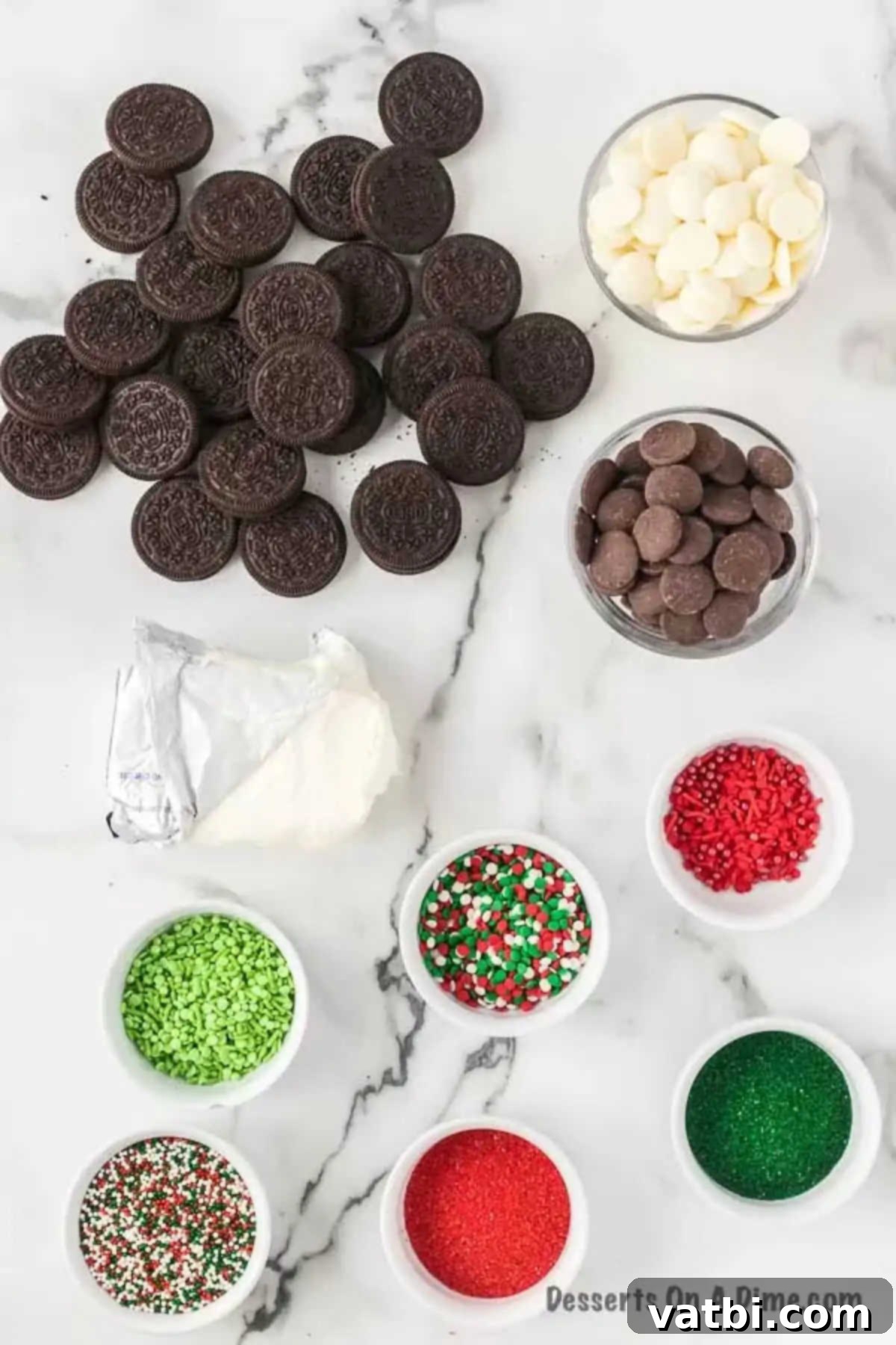 Easy Christmas Oreo Balls 3 Ingredients for Christmas Oreo Balls: Oreo cookies, melting wafers, festive sprinkles, and cream cheese.