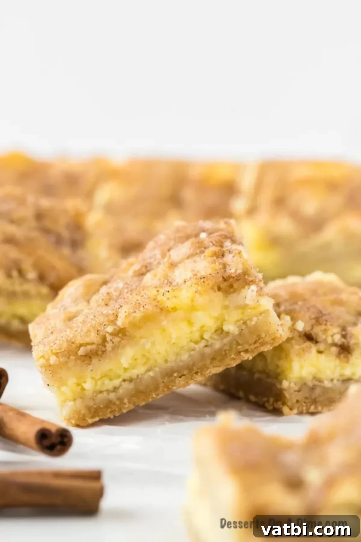 Dreamy Snickerdoodle Cheesecake Bars 2 Snickerdoodle cheesecake bars cut into squares. A top-down view of a pan filled with square-cut cheesecake bars, featuring a golden-brown cookie crust and topping, with a creamy white cheesecake layer in between.