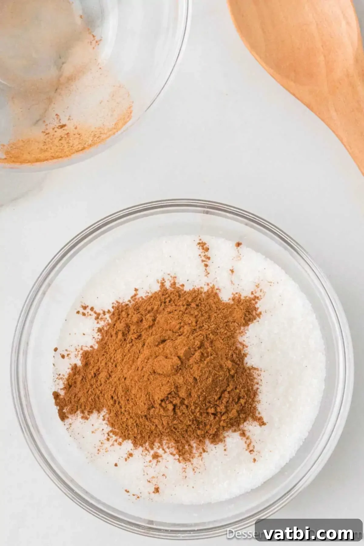 Dreamy Snickerdoodle Cheesecake Bars 7 Cinnamon and sugar combined in a bowl. A small bowl contains a mixture of granulated sugar and ground cinnamon, perfectly blended.