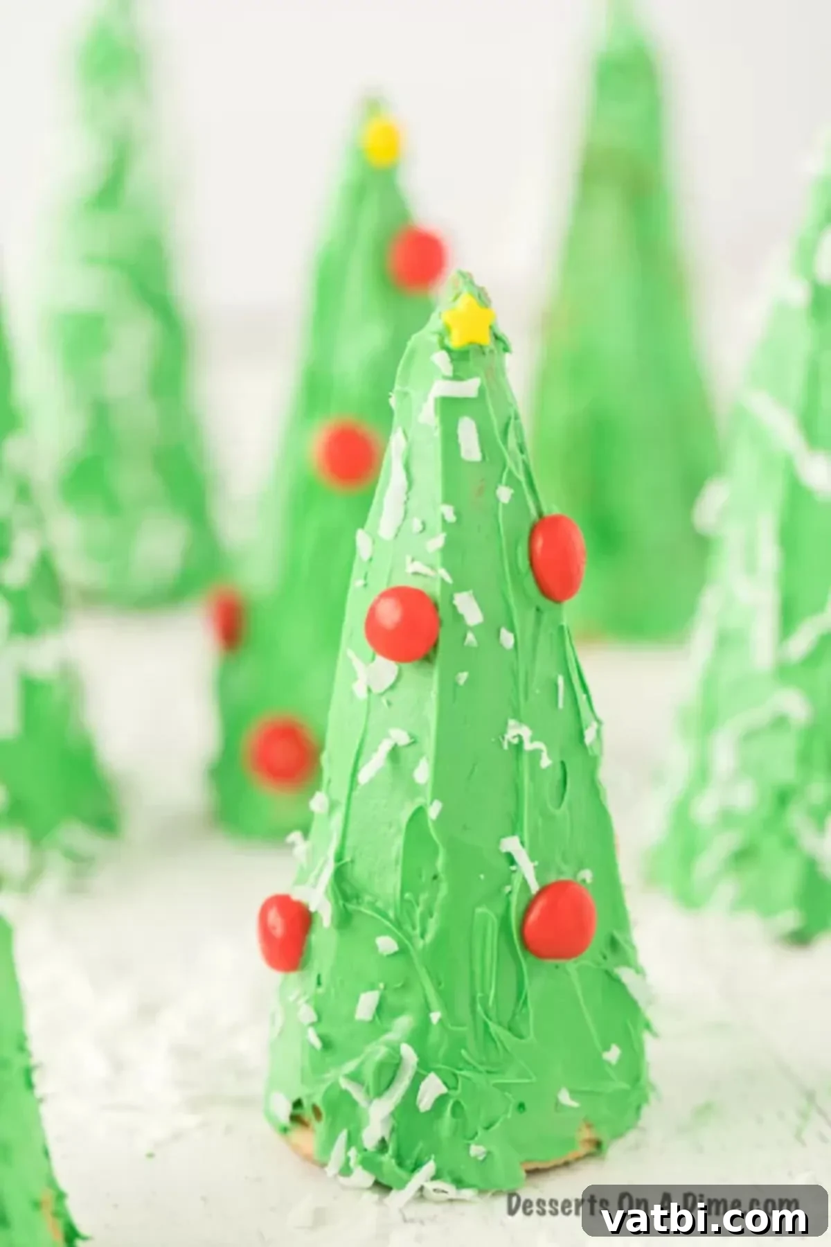 Sweet Ice Cream Cone Christmas Trees 11 A close-up shot of a single Ice Cream Cone Christmas Tree, meticulously decorated with colorful candies and a sprinkle of coconut 'snow'.