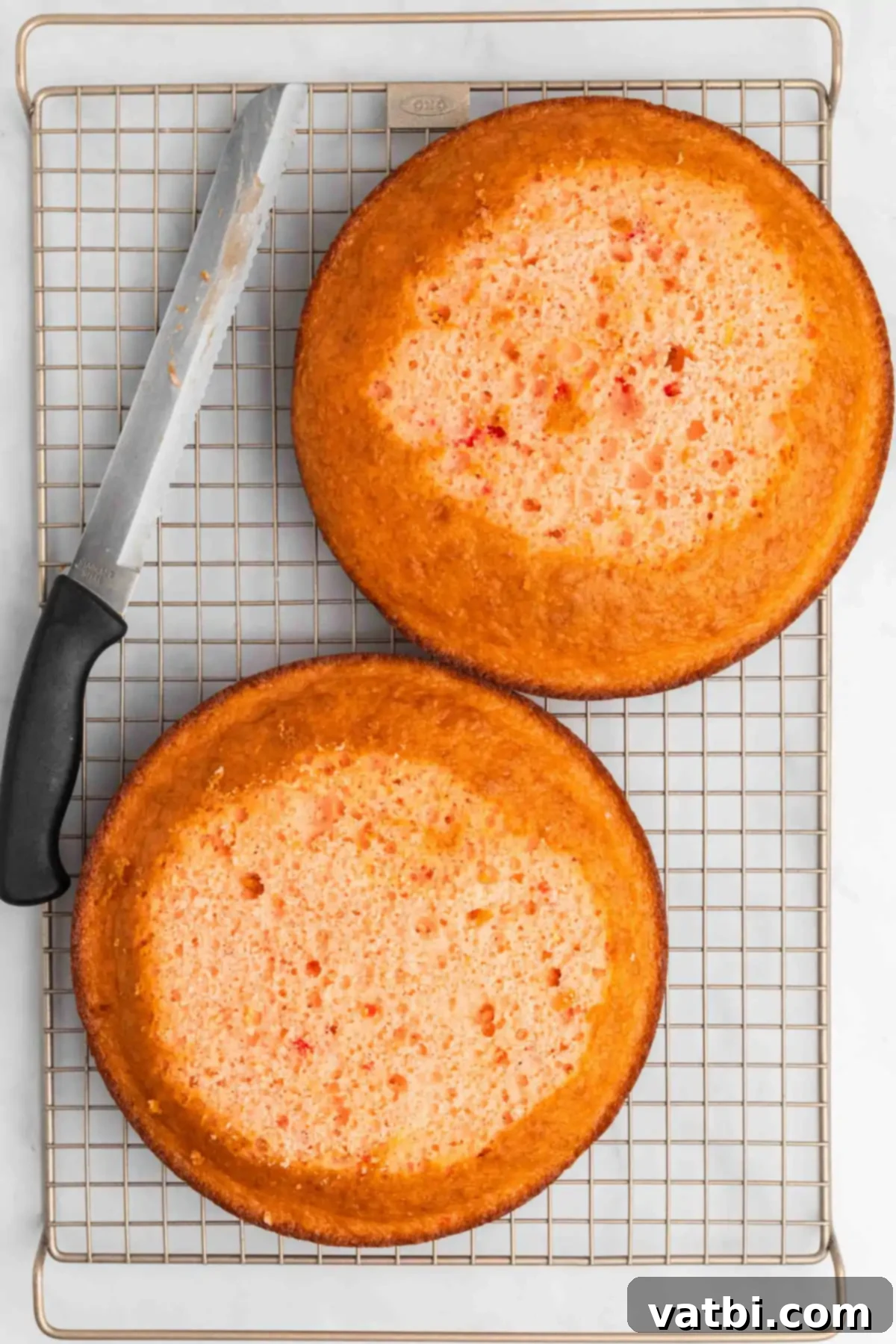 Perfect Cherry Chip Cake 11 Baked cake layers on a cooling rack, one with the domed top being sliced off.