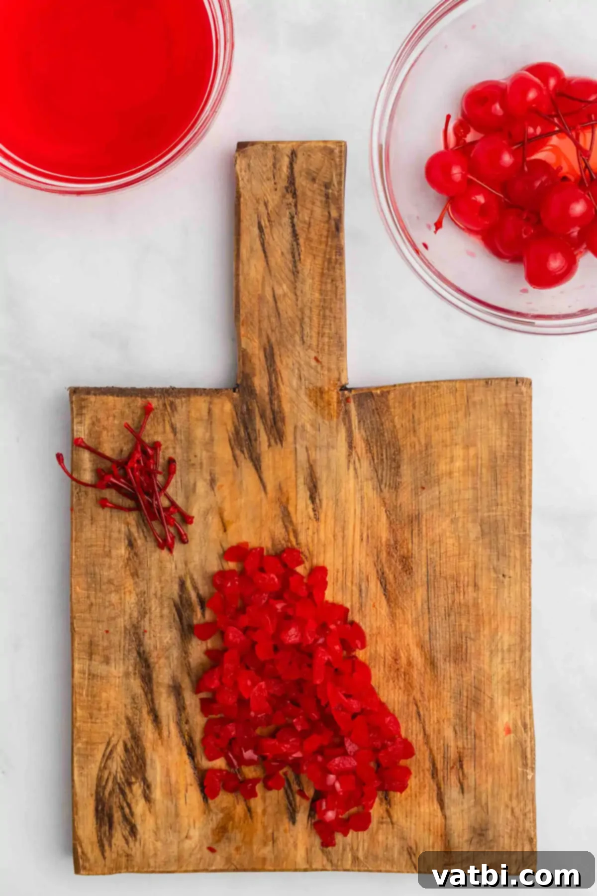 Perfect Cherry Chip Cake 5 Cutting board with Maraschino cherries, some chopped.