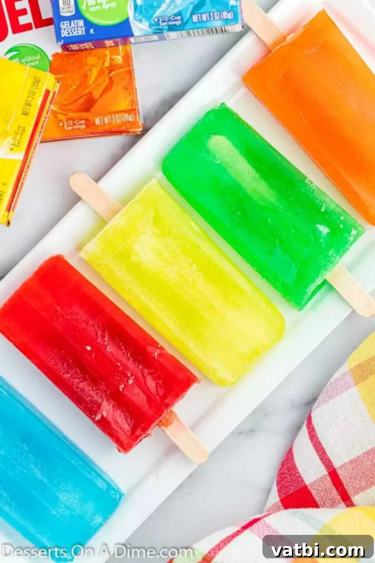 Easy Homemade Jello Pops 2 A platter filled with colorful homemade Jello popsicles, ready to be enjoyed as a refreshing treat.