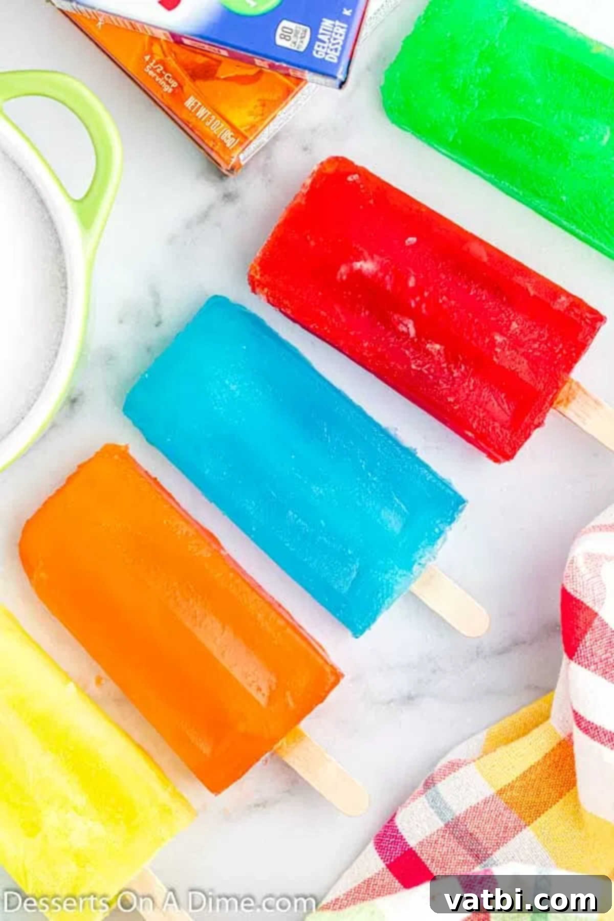 Easy Homemade Jello Pops 5 Freshly frozen Jello popsicles arranged together on a platter after being removed from molds.