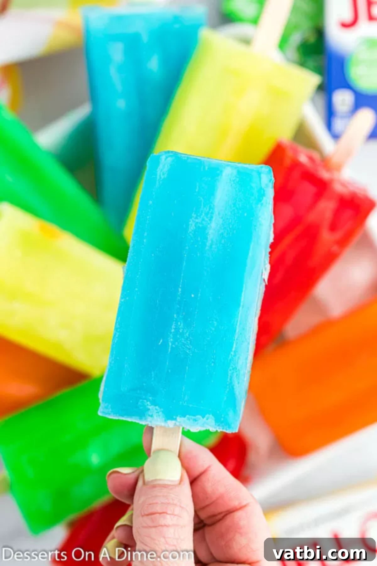 Easy Homemade Jello Pops 6 Close-up photo of various colored Jello popsicles arranged together, highlighting their vibrant appearance.