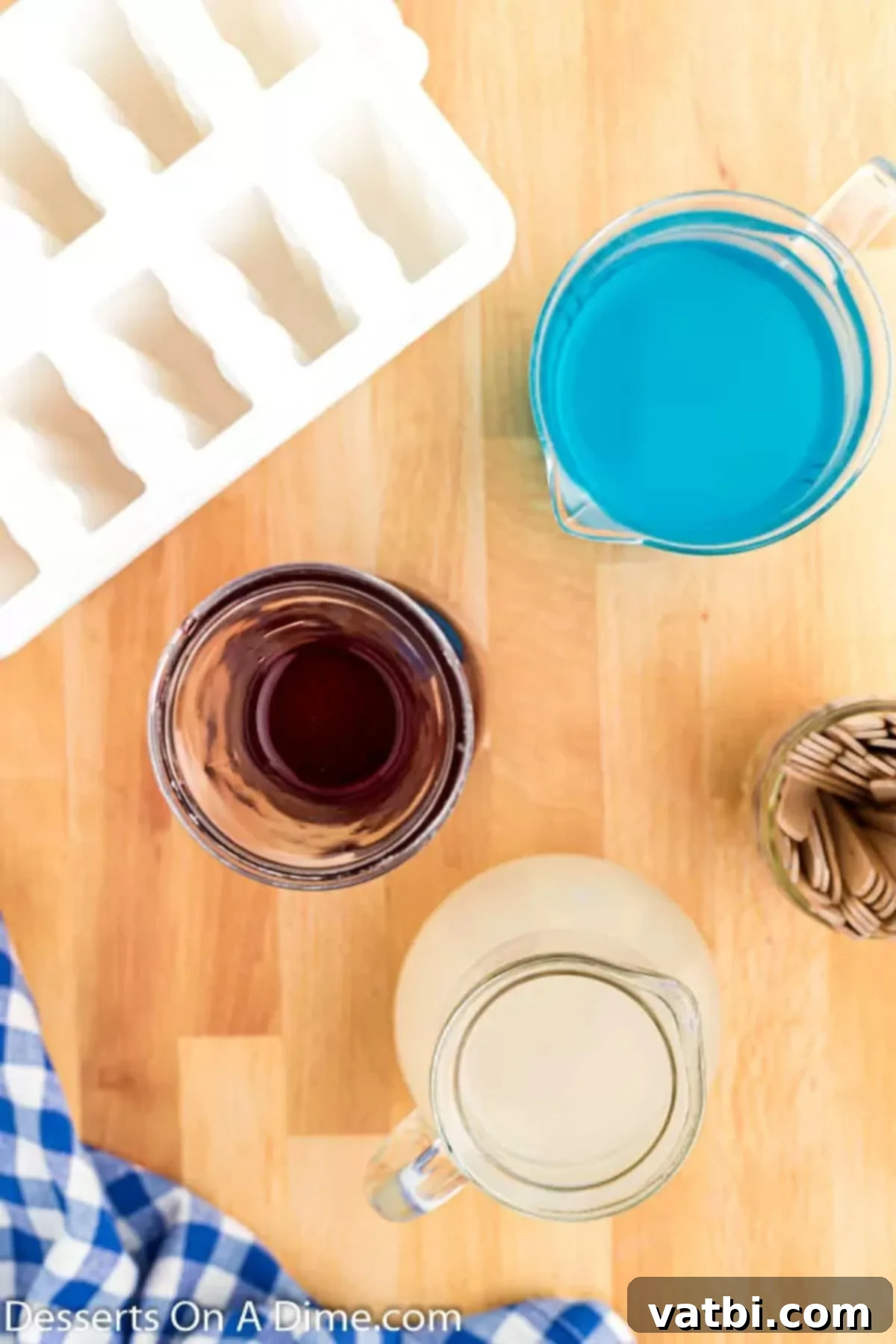 Red, White, and Blue: A Sweet Summer Celebration 3 Ingredients for recipe- cranberry juice, lemonade, blue Gatorade.