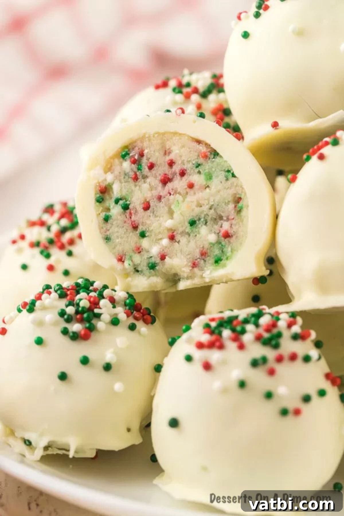 Holiday Truffle Magic 10 Christmas truffles, coated in white chocolate and sprinkles, arranged in a festive serving dish, ready for a holiday celebration.