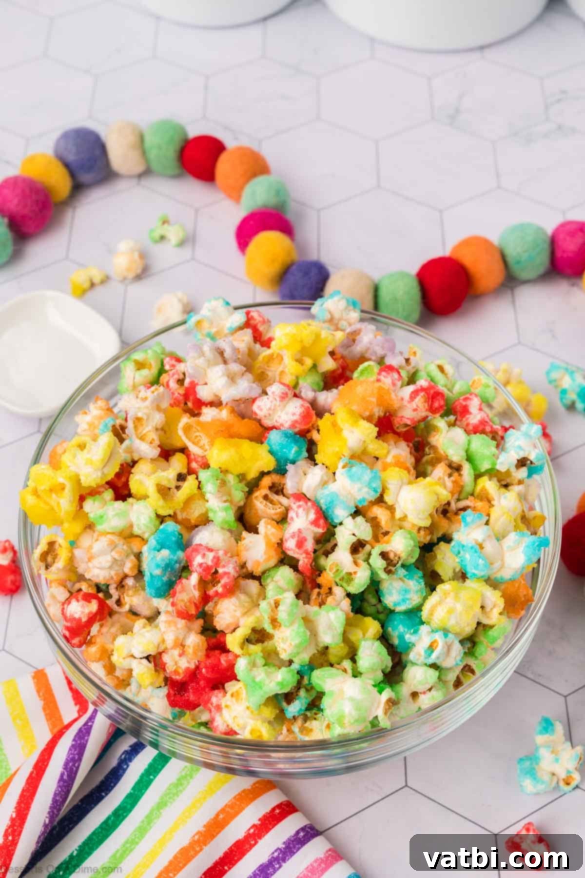 Kaleidoscope Popcorn 2 Bowl of rainbow popcorn.