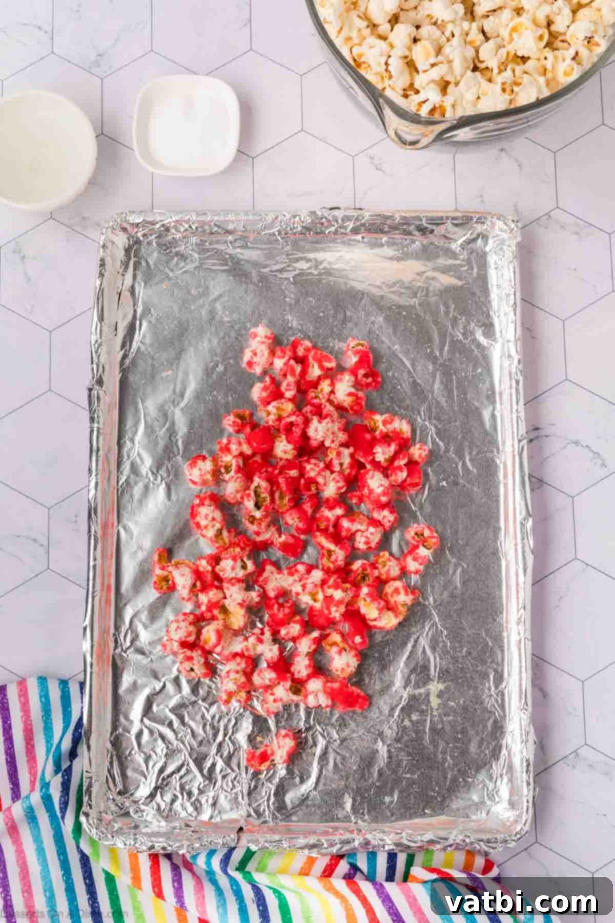 Kaleidoscope Popcorn 12 Popcorn spread on baking sheet.