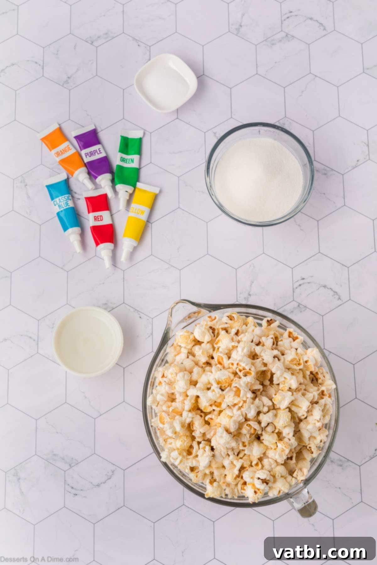Kaleidoscope Popcorn 3 Ingredients for rainbow popcorn - popcorn, gell food coloring.