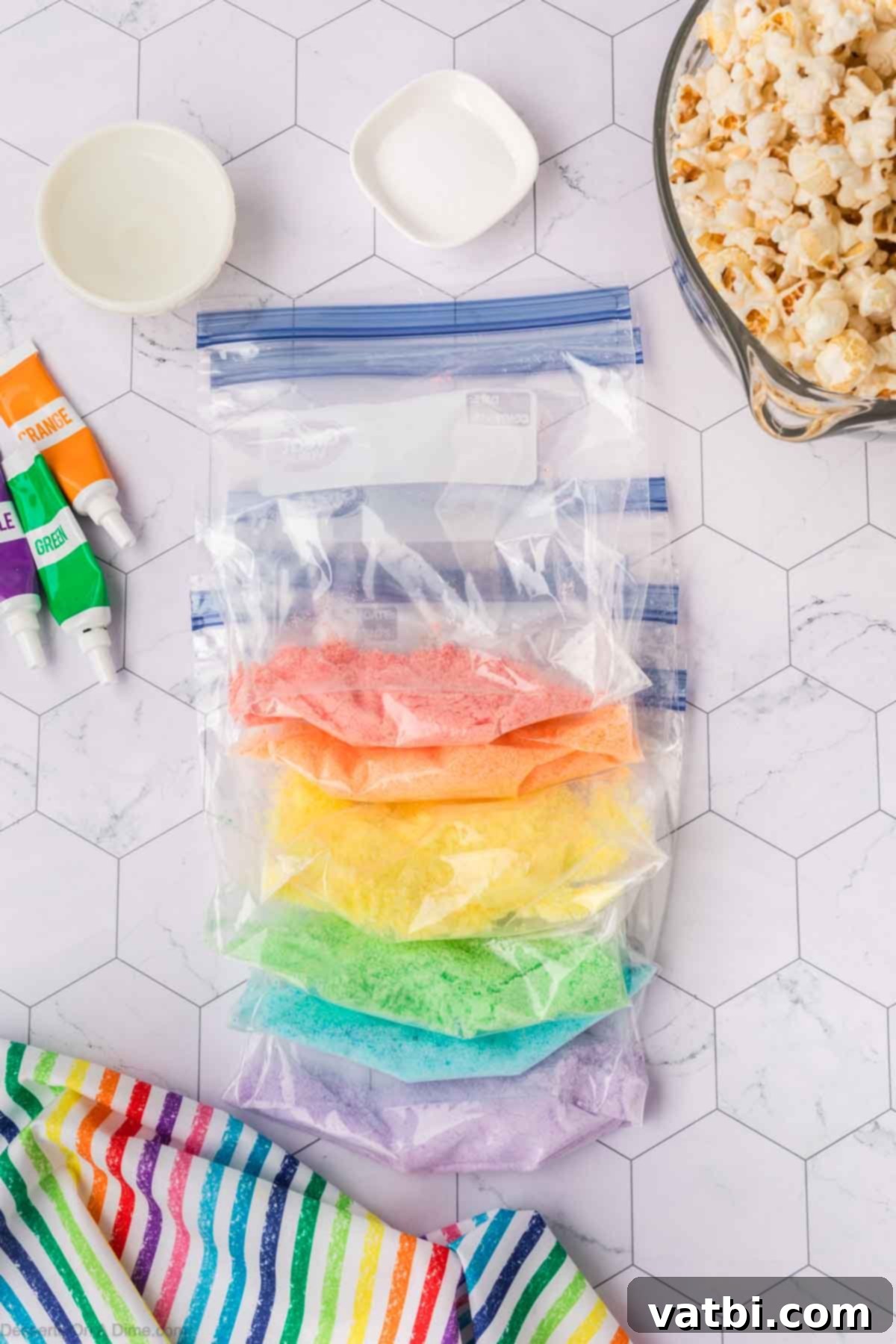 Kaleidoscope Popcorn 8 Bags with different colors of sugar.