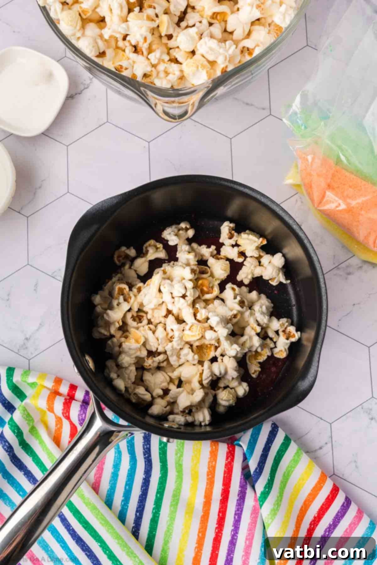 Kaleidoscope Popcorn 10 Popcorn in a saucepan.