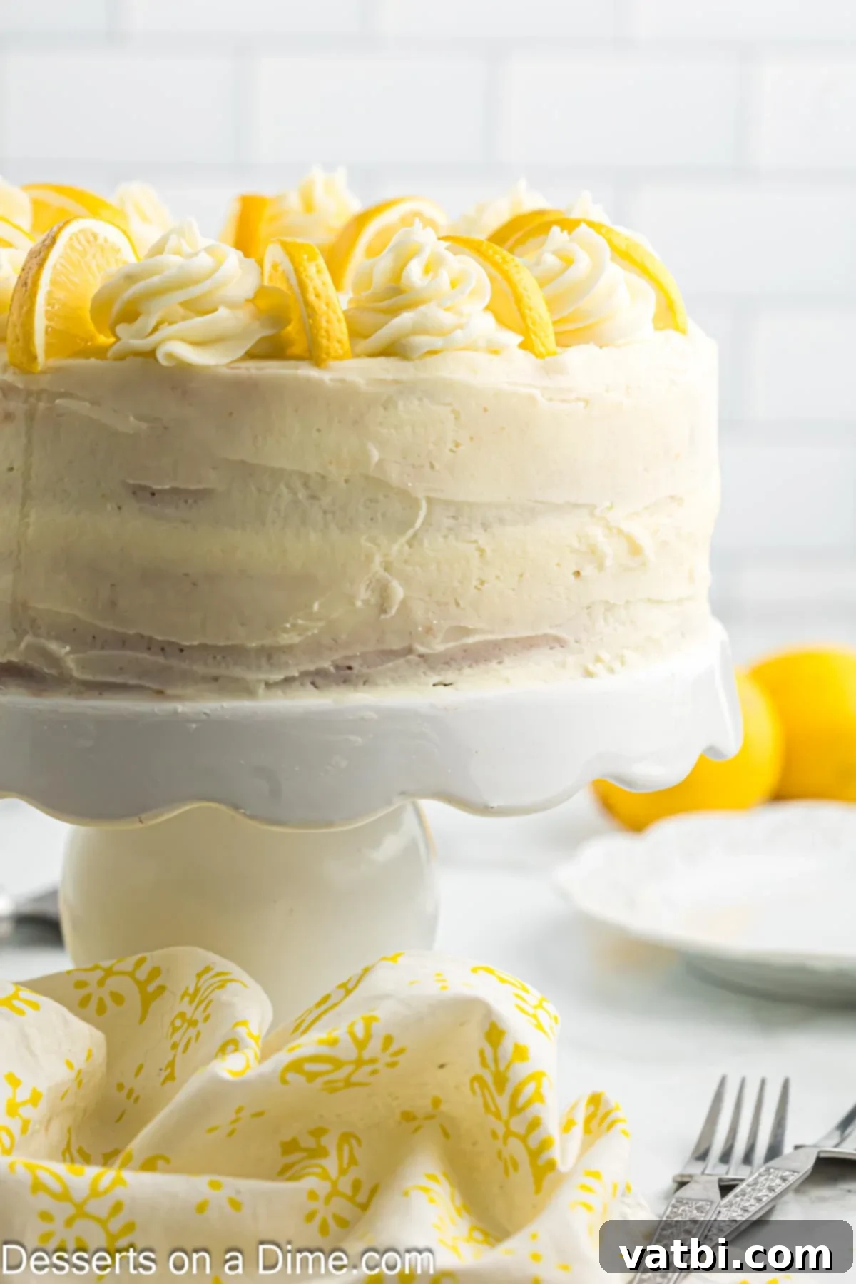 Sun-Kissed Lemon Cake Delight 8 Cake on cake stand with icing and lemon slices. A fully frosted lemon cake garnished with fresh lemon slices, ready for serving.