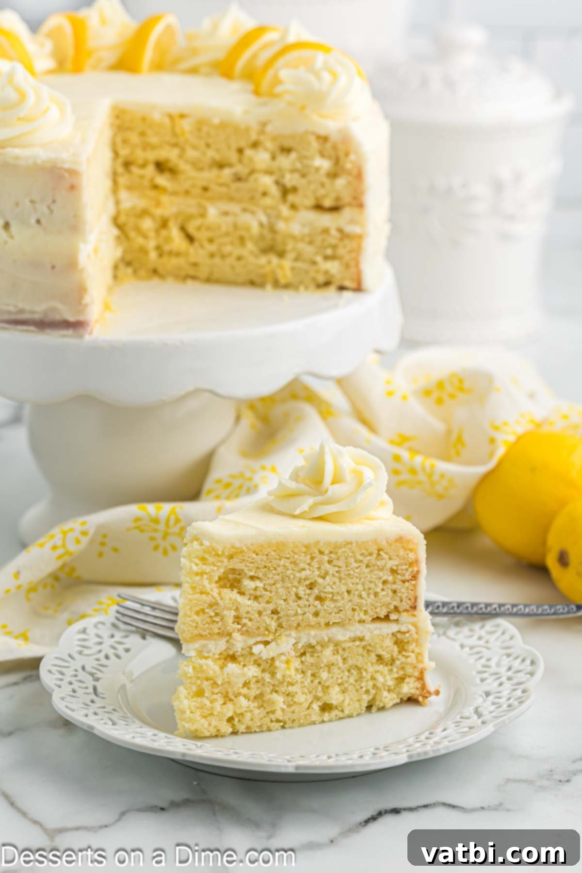 Sun-Kissed Lemon Cake Delight 10 Slice of cake on plate. A perfect slice of lemon cake on a white plate, showcasing its layers and frosting.