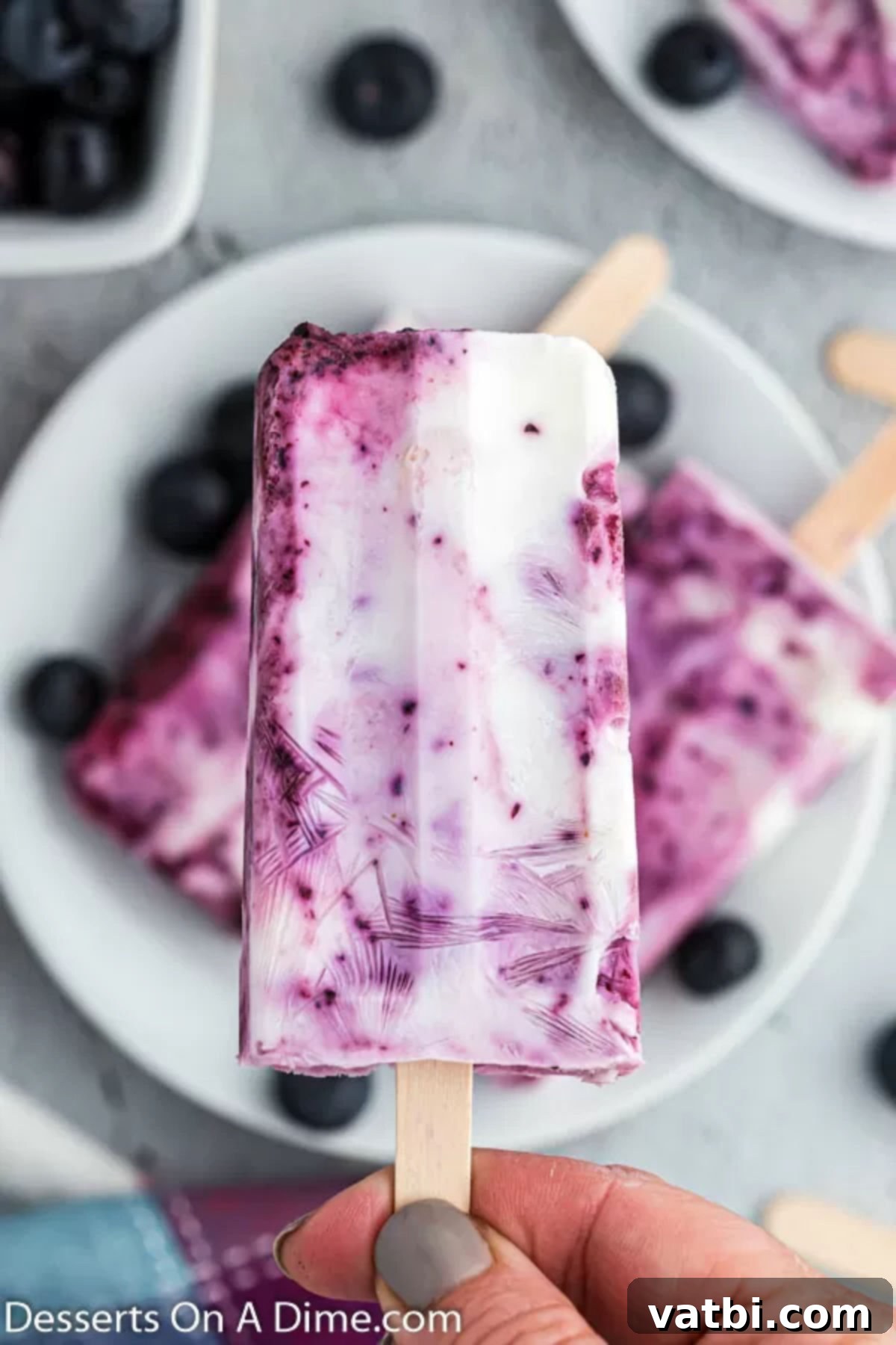 Blueberry Freeze Pops 2 Close up photo of vibrant homemade Blueberry popsicles in a mold, highlighting their creamy texture and inviting swirl pattern.