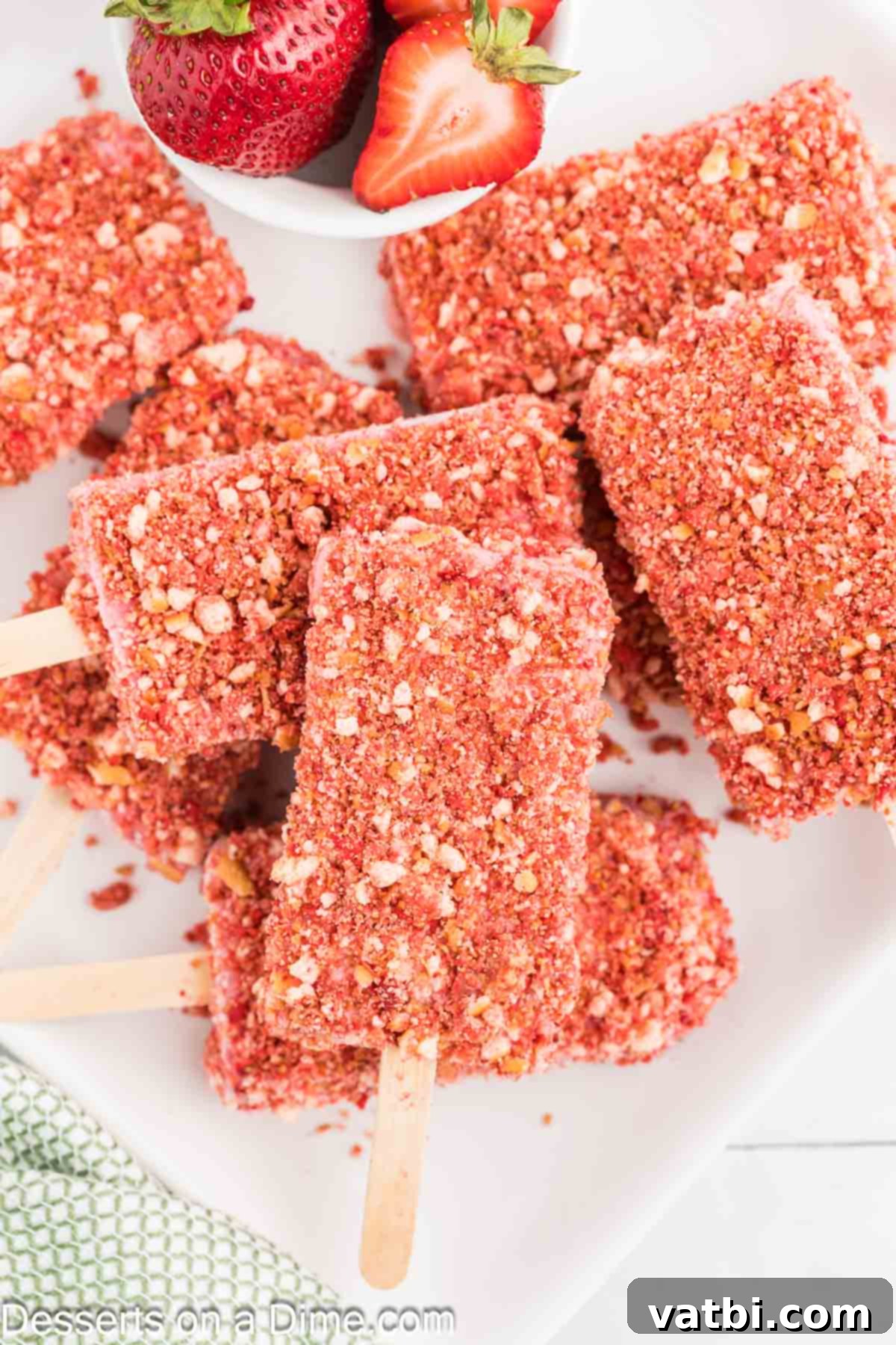 Strawberry Shortcake Frozen Bars 2 Homemade Strawberry Shortcake Popsicles on a white plate