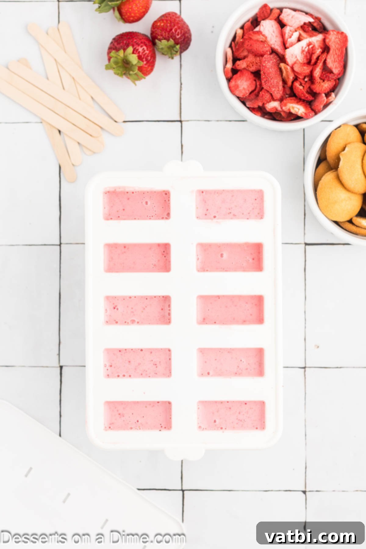 Strawberry Shortcake Frozen Bars 4 Popsicle molds filled with strawberry mixture
