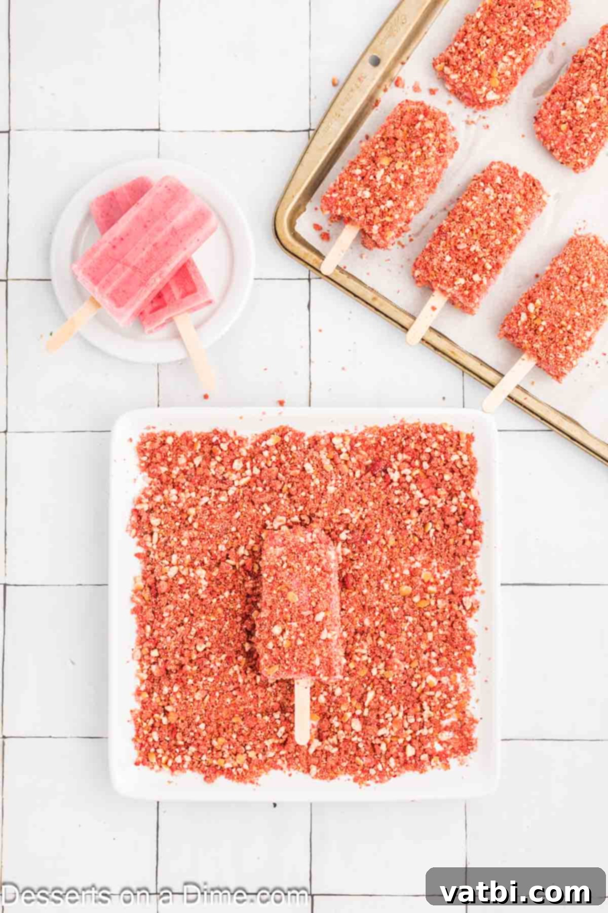 Strawberry Shortcake Frozen Bars 7 Popsicle being coated in strawberry crunch