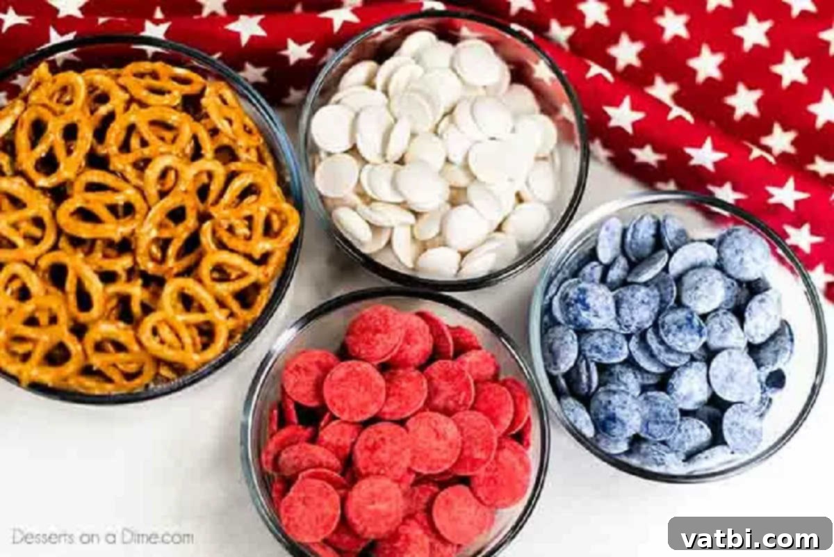 Celebrate the 4th of July with these festive and tasty Red white and blue chocolate covered pretzels. They are easy to make, inexpensive and so colorful. Ingredients needed for patriotic pretzels: mini pretzels and three colors of candy melts