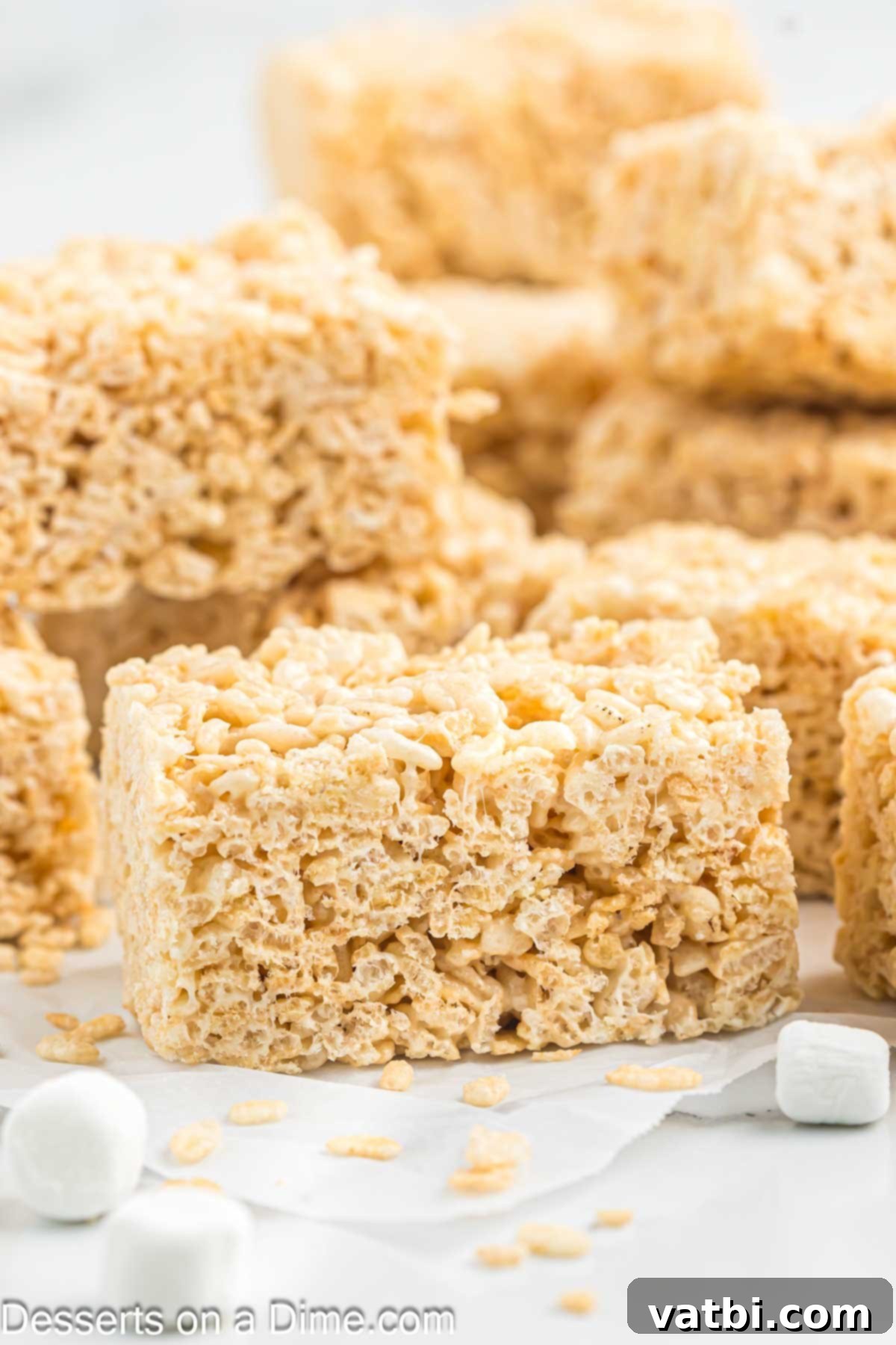 The Ultimate Rice Krispie Treat Recipe 12 A close-up of a stack of golden, gooey Rice Krispie Treats.